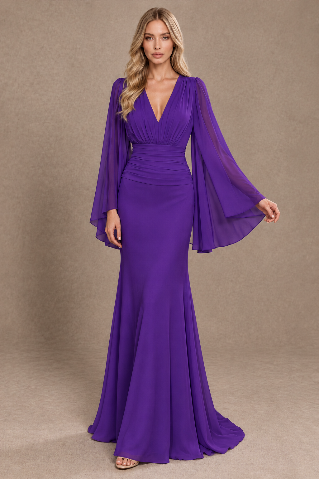 BOLODOO Purple Cape Sleeve V-Neck Ruched Chiffon Evening Dress - Purple - Purple_3