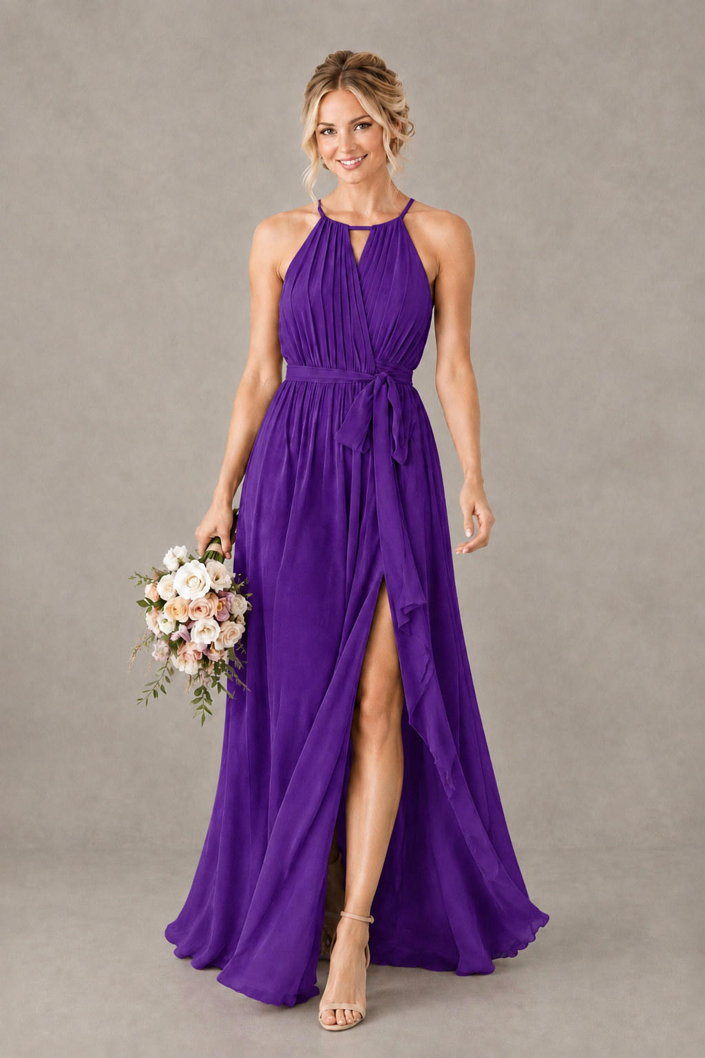 BOLODOO Purple Halter Chiffon Bridesmaid Dress with High Slit - Purple