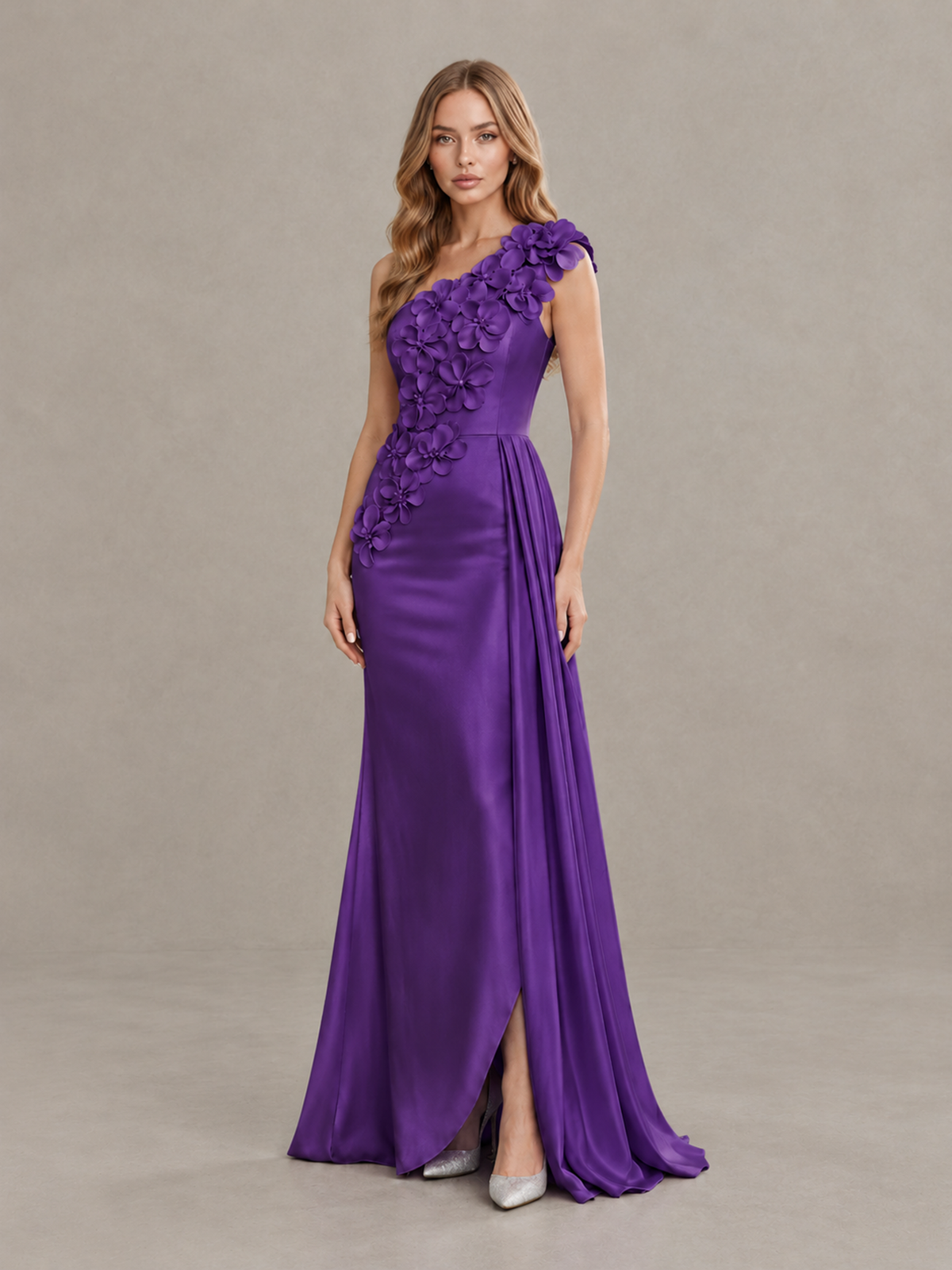 BOLODOO Purple One-Shoulder Satin Mermaid Evening Gown with 3D Floral Appliqué - Purple - Purple_3