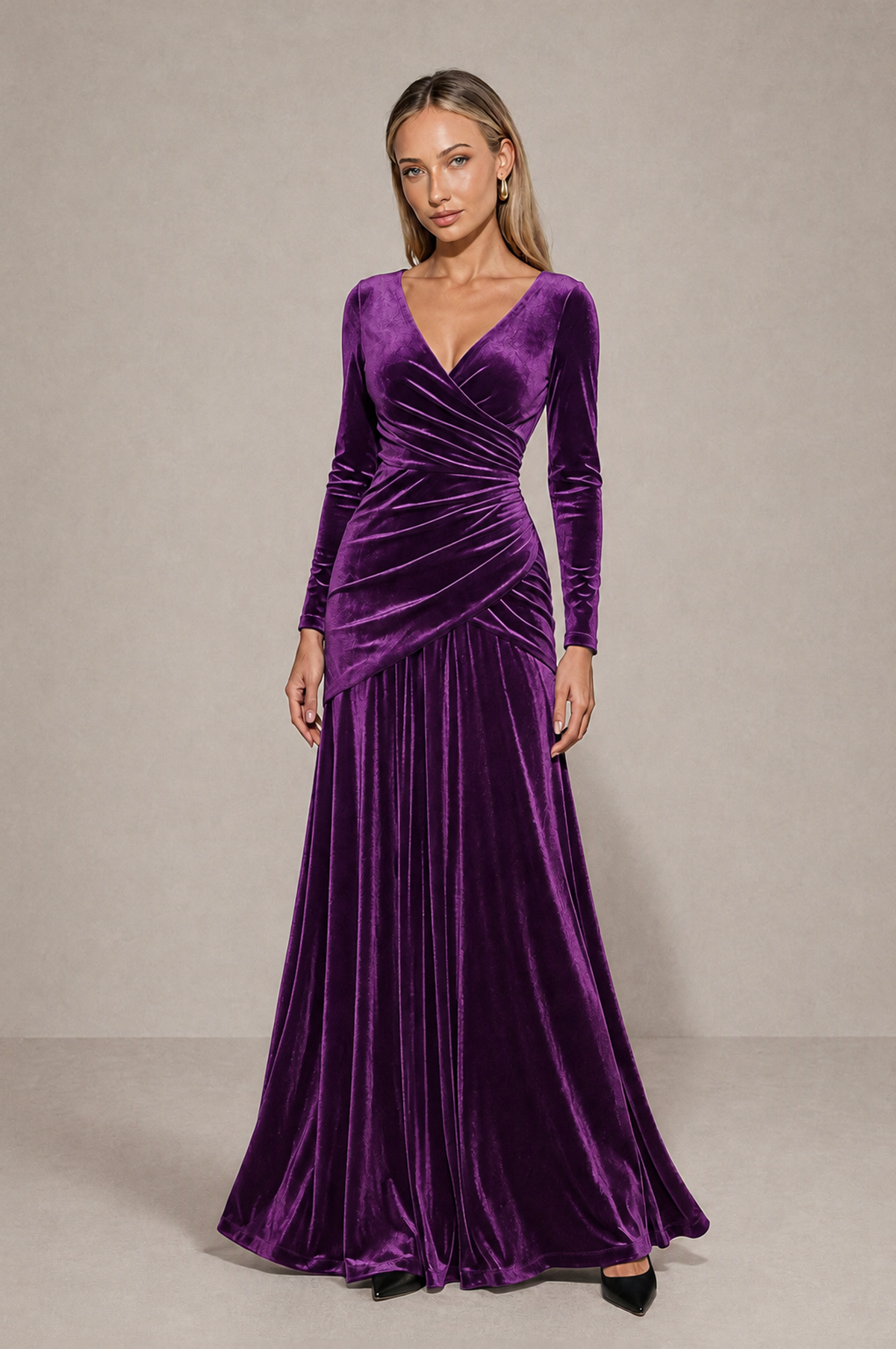 BOLODOO Purple Velvet Long Sleeve V-Neck Ruched Evening Dress - Purple - Purple_3