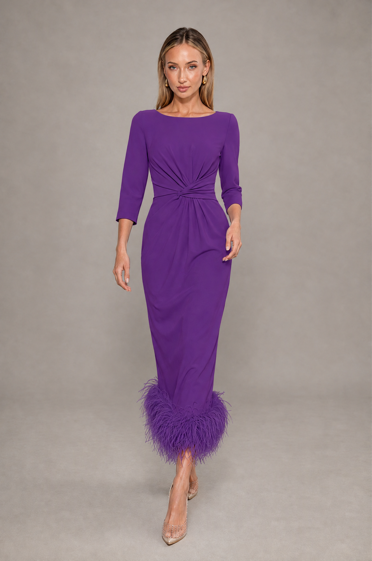 BOLODOO Purple Feather-Trim Twist-Waist Midi Dress - Purple - Purple_3