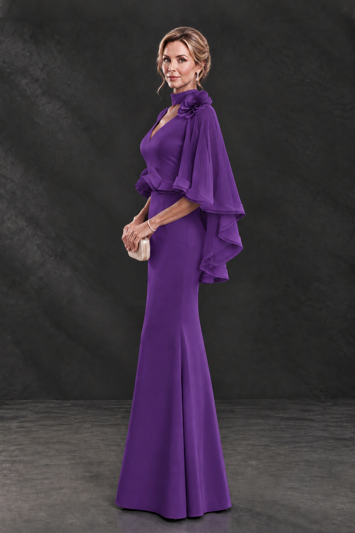 BOLODOO Purple Floral Cape Sleeve Mother of the Bride Dress - Purple - Purple_3