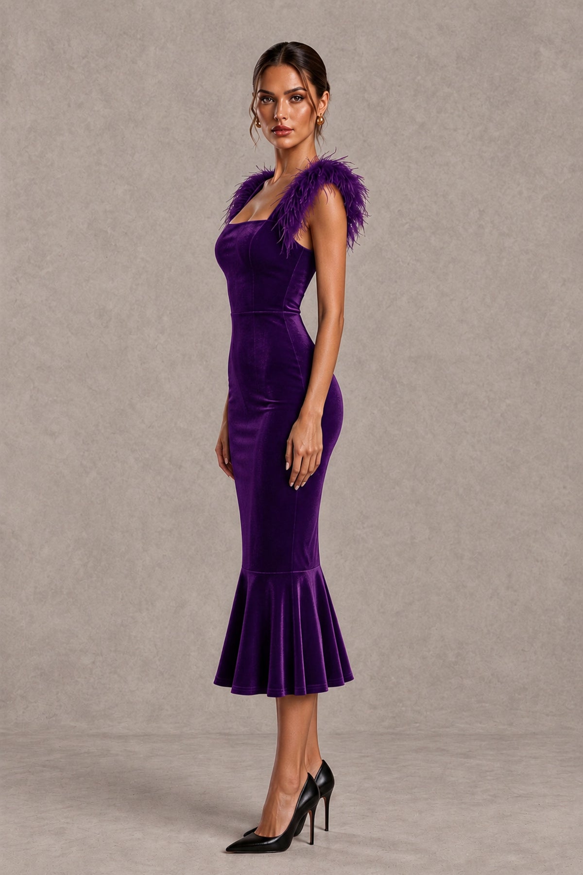 BOLODOO Purple Feather-Trim Velvet-Look Mermaid Midi Dress - Purple - Purple_3