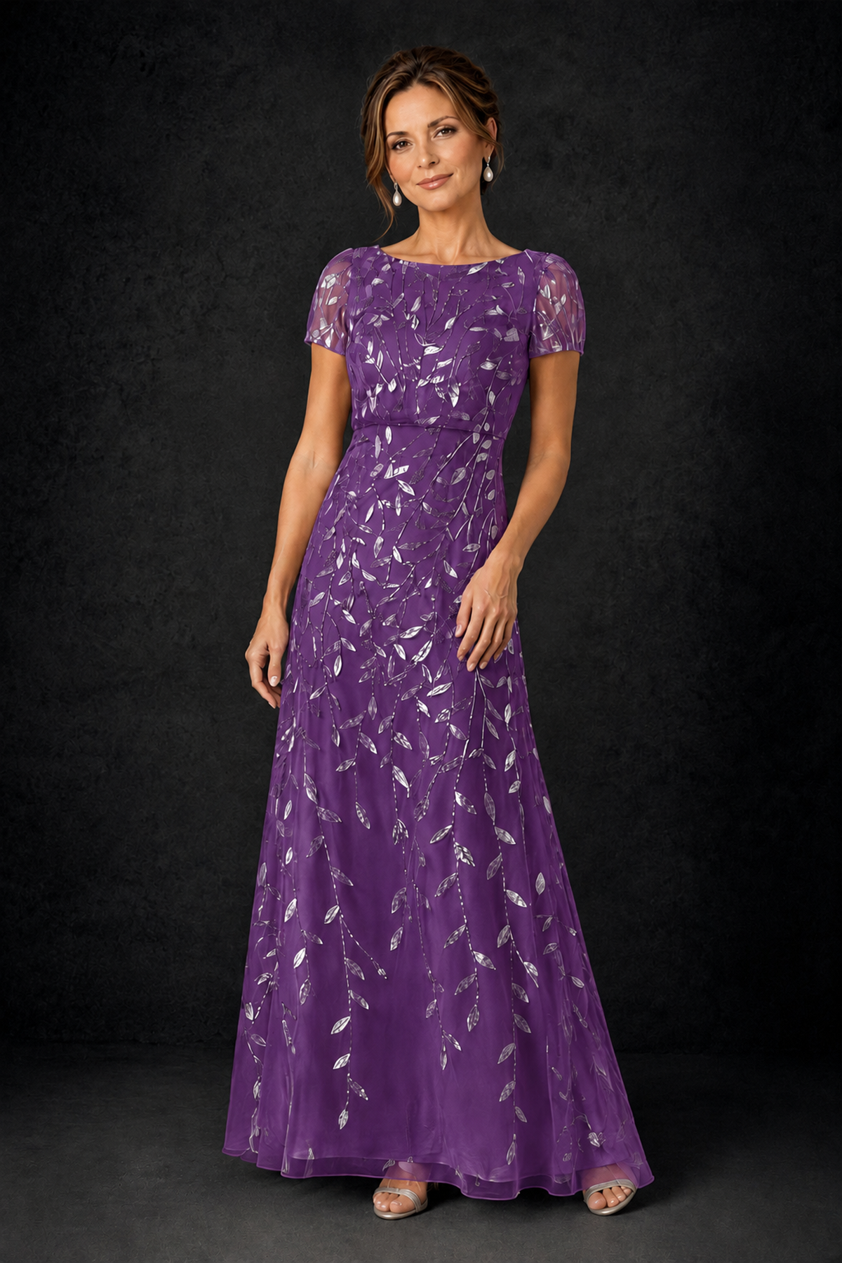 BOLODOO Purple Leaf Embroidered A-Line Formal Gown with Cap Sleeves - Purple - Purple_3