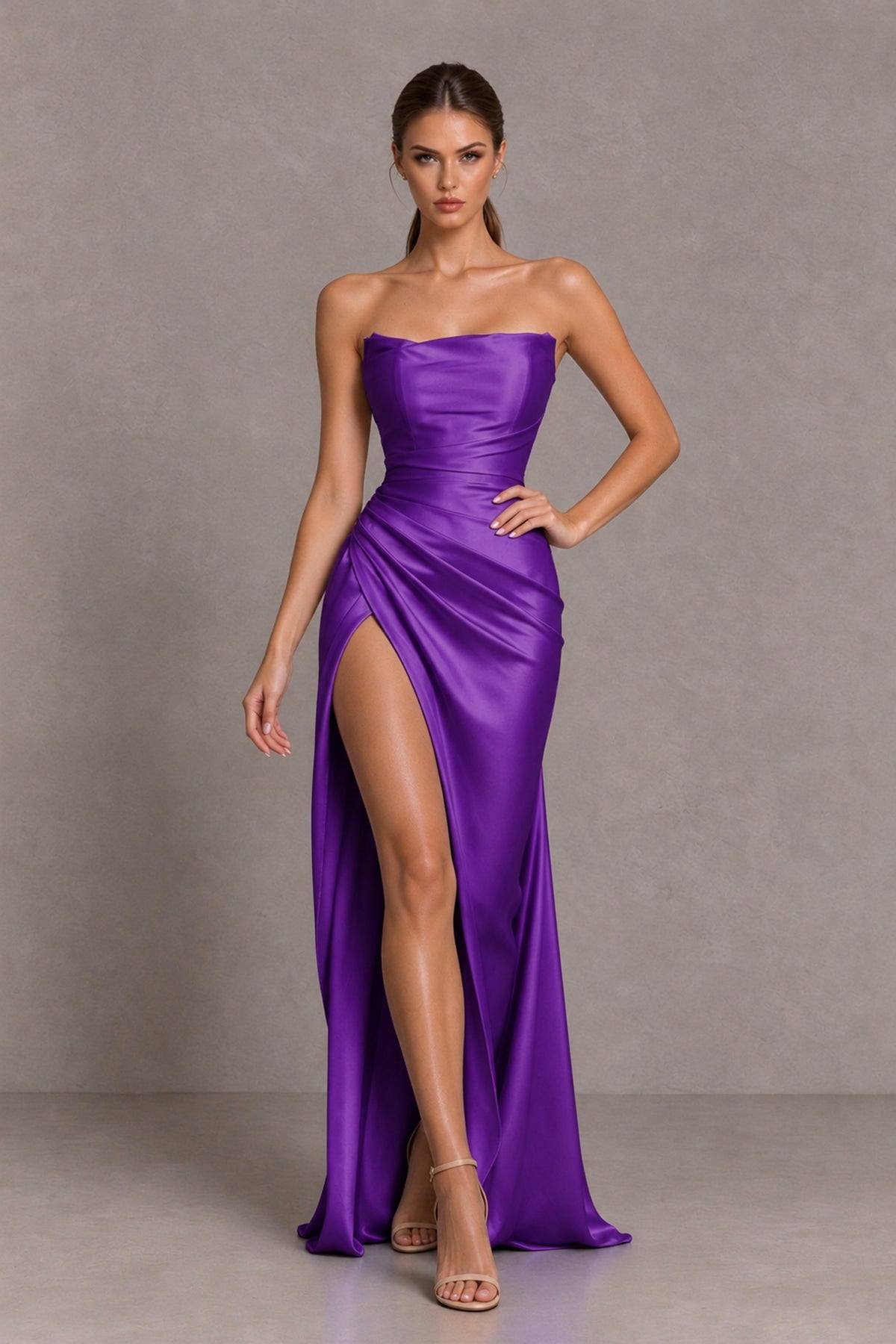 BOLODOO Purple Strapless Ruched Satin-Look Evening Dress with High Slit - Purple - Purple_3