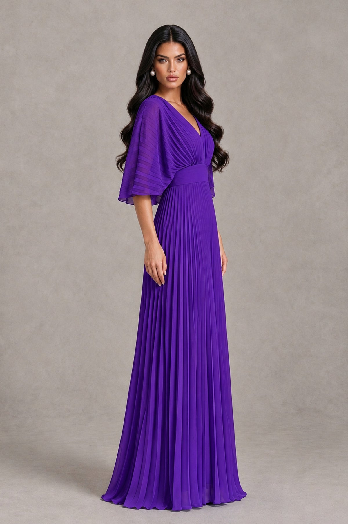 BOLODOO Purple V-Neck Pleated Flutter Sleeve Formal Dress - Purple - Purple_3