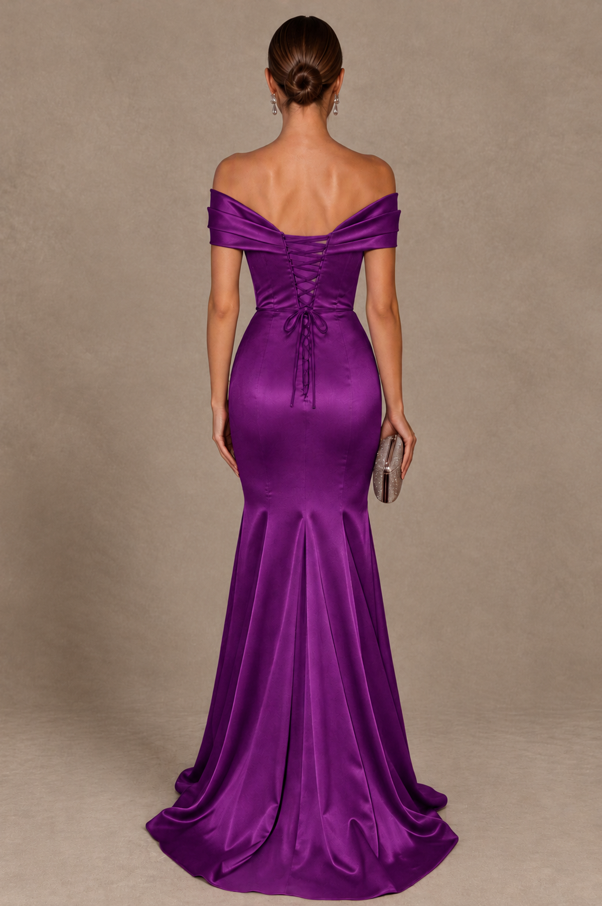 BOLODOO Purple Off-the-Shoulder Ruched Satin Mermaid Evening Dress - Purple - Purple_3