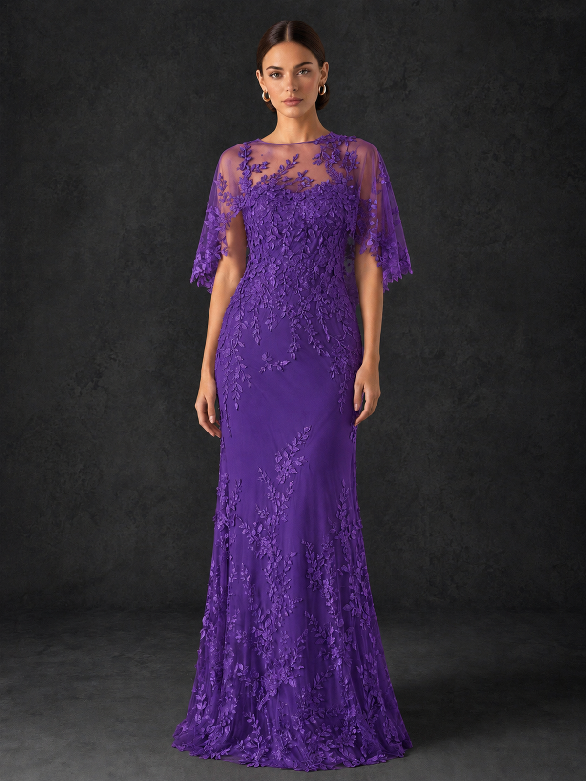 BOLODOO Mocha Rose Botanical Lace Flutter Sleeve Mermaid Gown - Purple - Purple