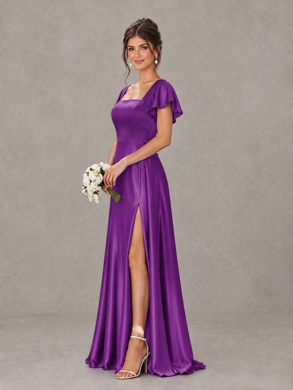 BOLODOO Purple Satin Square Neck Flutter Sleeve A-Line Bridesmaid Dress with Slit - Purple - Purple_3