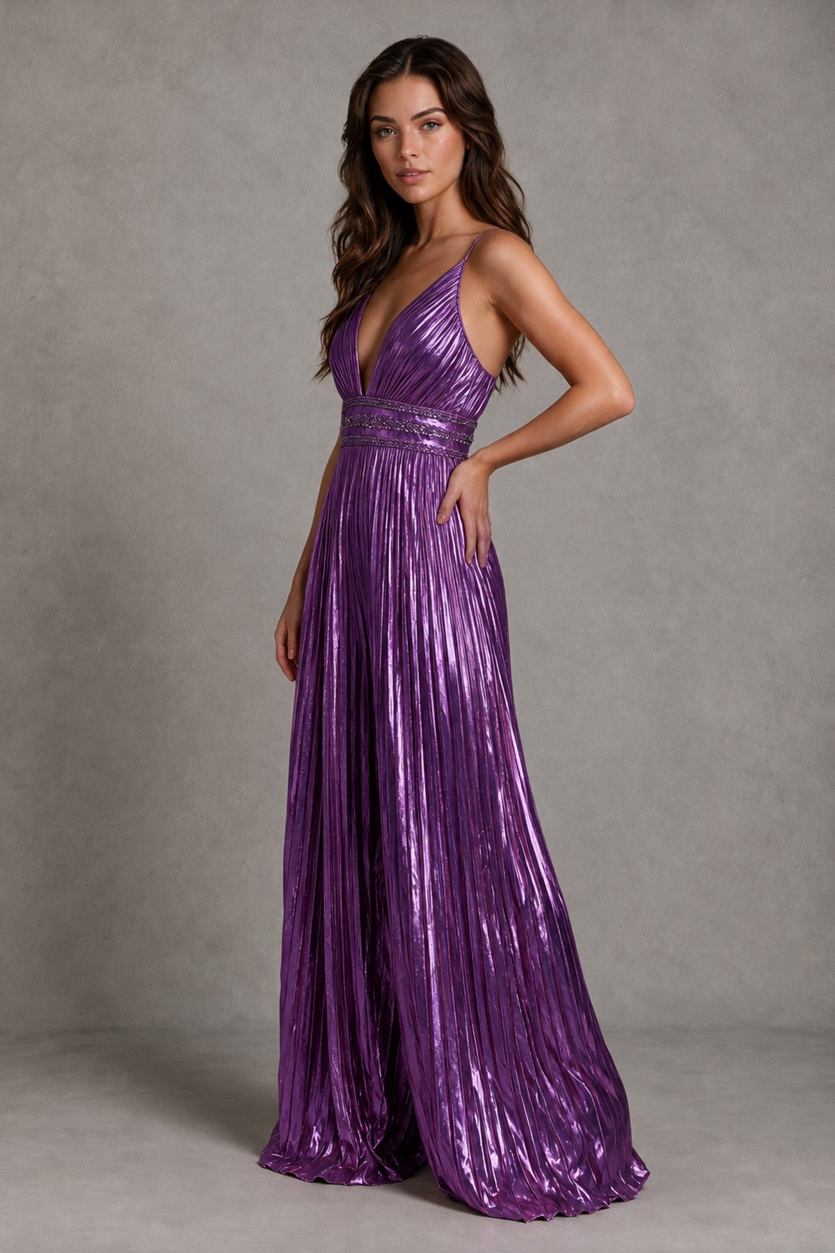 BOLODOO Purple Pleated Wide-Leg Jumpsuit with Open Back - Purple