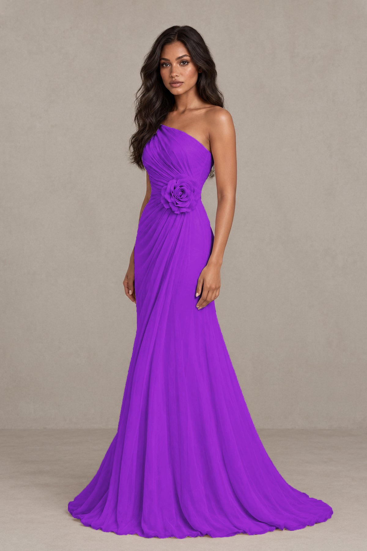 BOLODOO Purple One-Shoulder Floral Ruched Maxi Dress - Purple