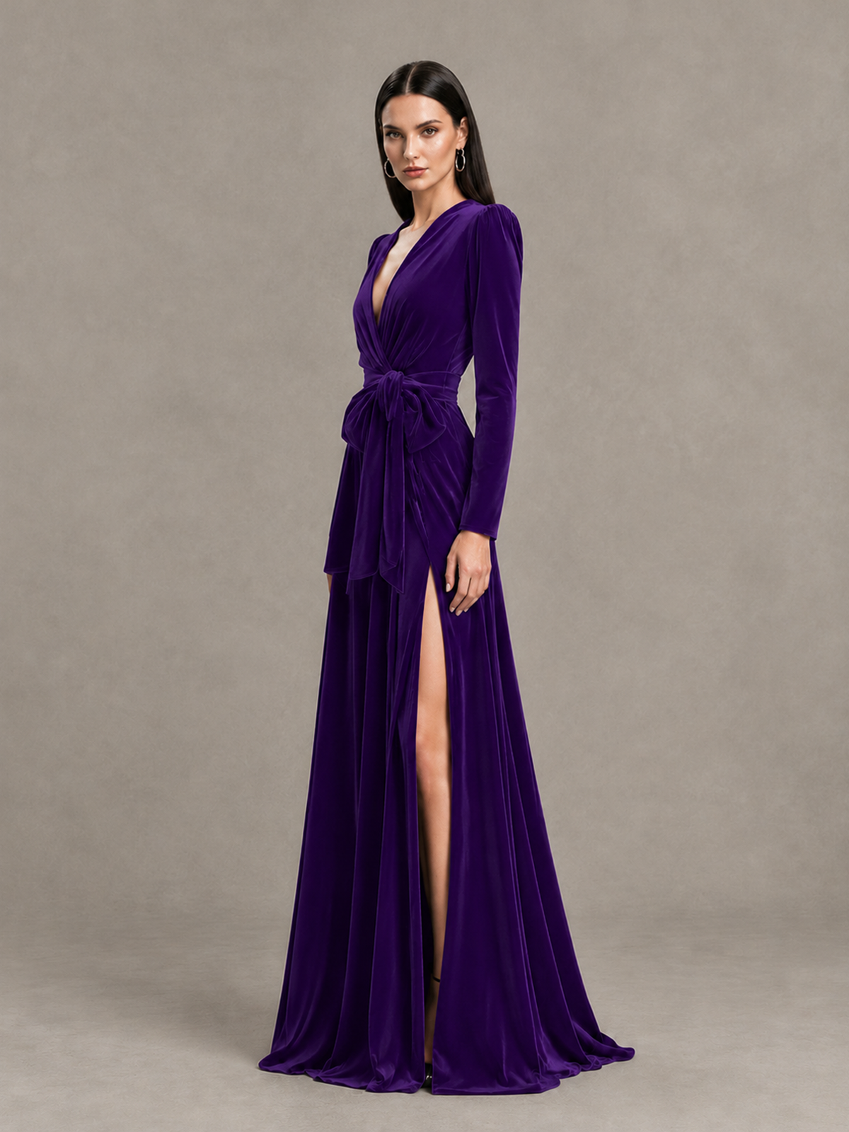 BOLODOO Purple Long Sleeve Velvet-Look Evening Dress with High Slit - Purple - Purple_3
