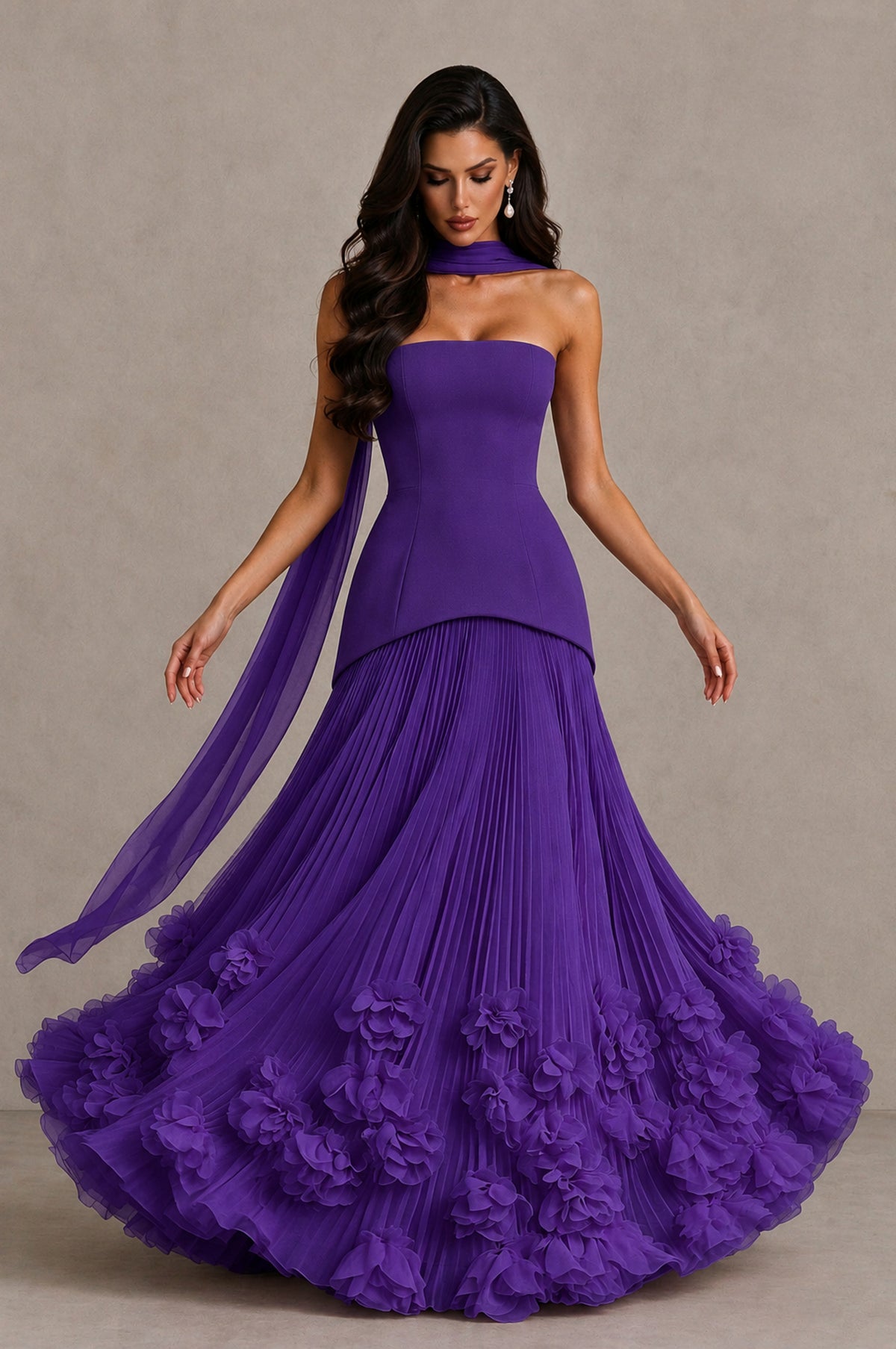 BOLODOO Purple Strapless Pleated Floral Hem Evening Gown - Purple - Purple_3