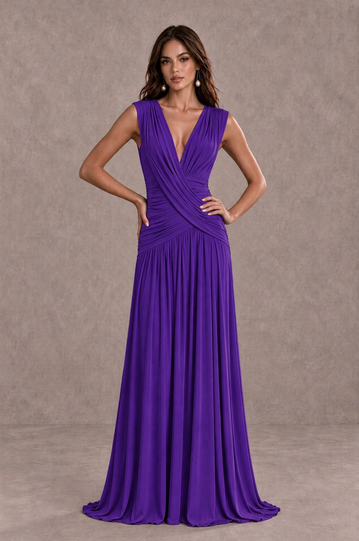 BOLODOO Purple V-Neck Ruched Wedding Guest Dress - Purple - Purple_3