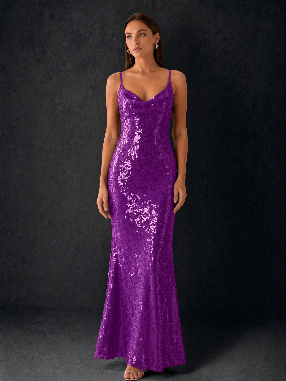 BOLODOO Bronze Sequin Cowl Neck Spaghetti Strap Mermaid Maxi Dress with Open Criss-Cross Back - Purple - Purple