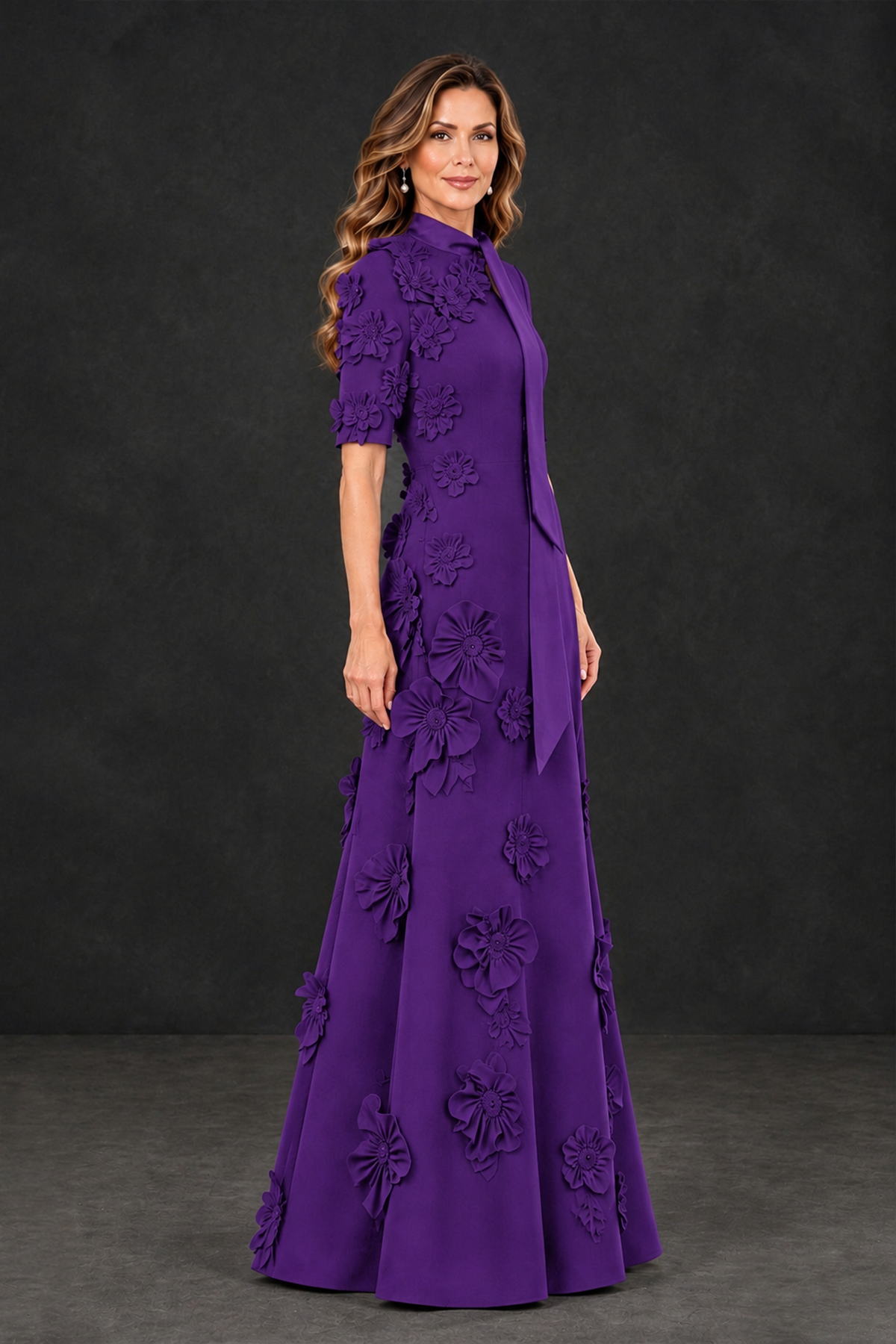 BOLODOO Purple Floral Applique High-Neck Half-Sleeve Gown - Purple - Purple_3