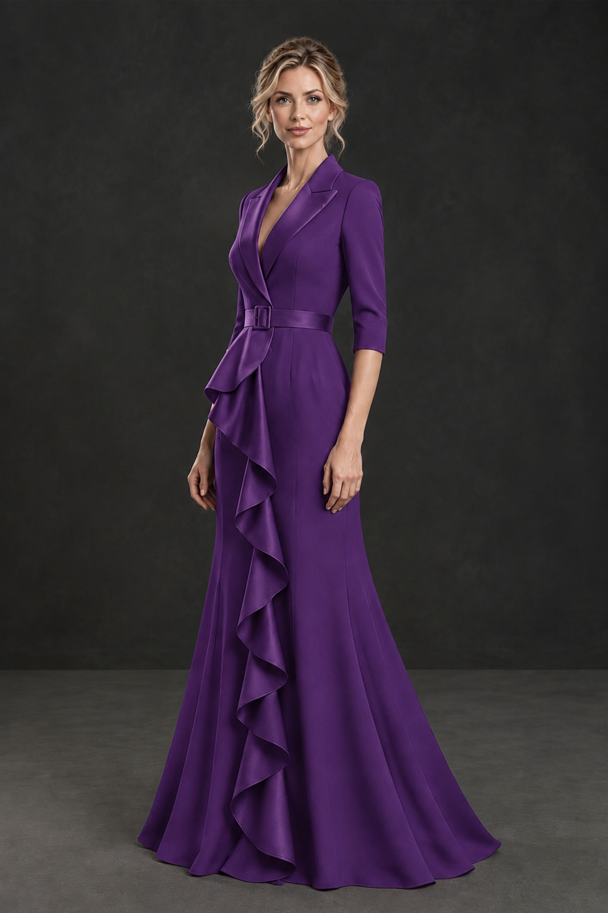 BOLODOO Purple Lapel Ruffle Mother of the Bride Dress with Belt - Purple - Purple_3