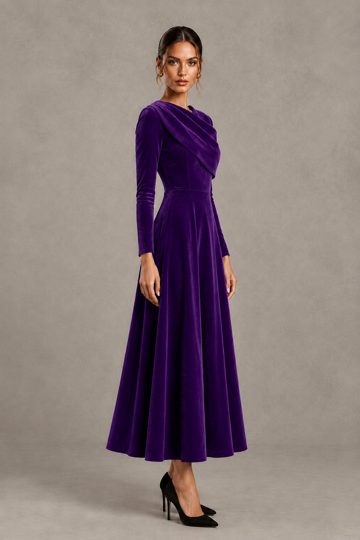 BOLODOO Purple Velvet-Look Long Sleeve Tea-Length A-Line Dress with Draped Neckline - Purple - Purple_3