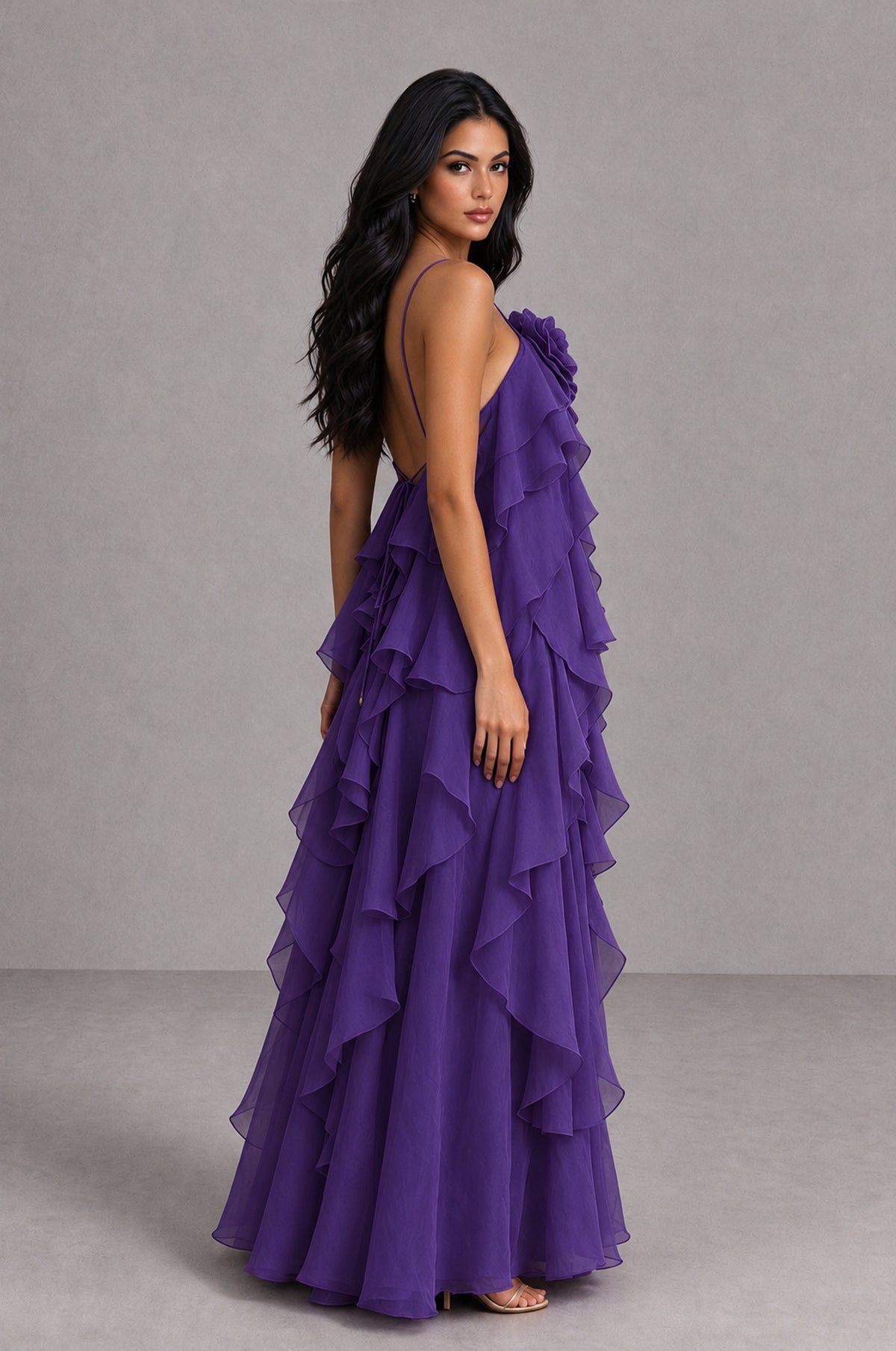 BOLODOO Purple Cascading Ruffle Rosette Open-Back Maxi Dress - Purple - Purple_3