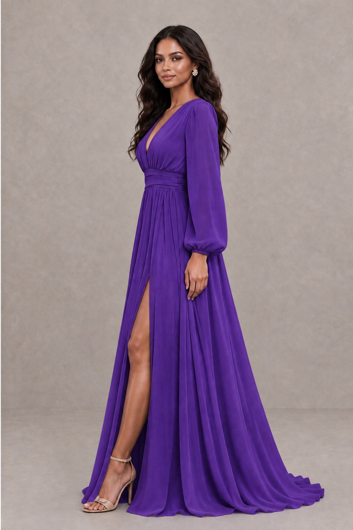 BOLODOO Purple Long Sleeve V-Neck A-Line Gown with Open Back & Slit - Purple - Purple_3