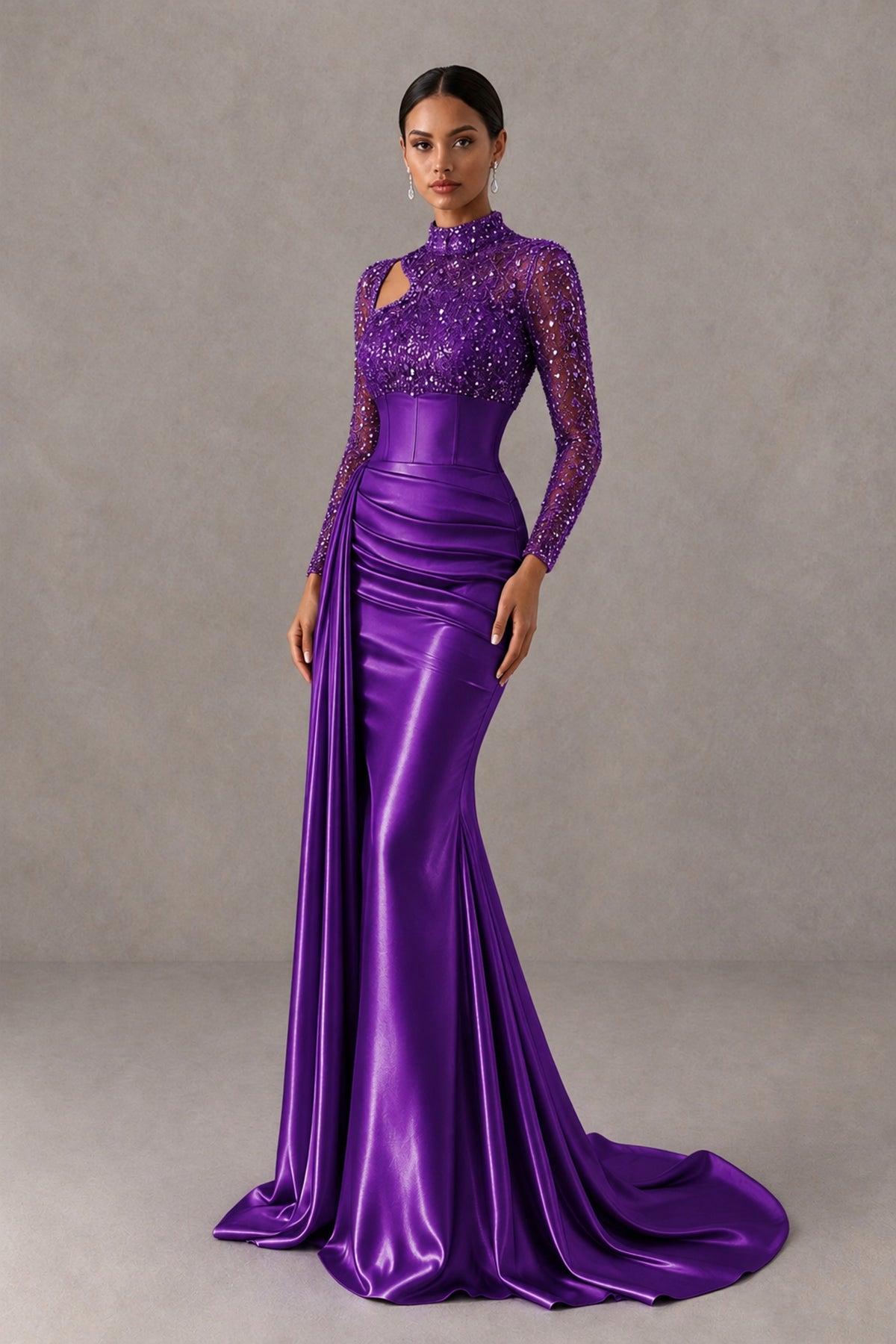BOLODOO Purple Long Sleeve Embellished Satin Mermaid Evening Gown - Purple - Purple_3
