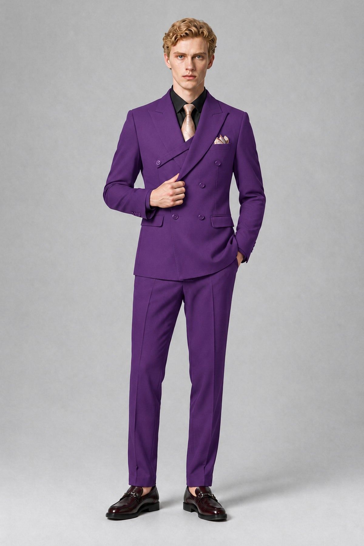 BOLODOO Men's Purple Double-Breasted Two-Piece Suit – Jacket & Trousers - Purple