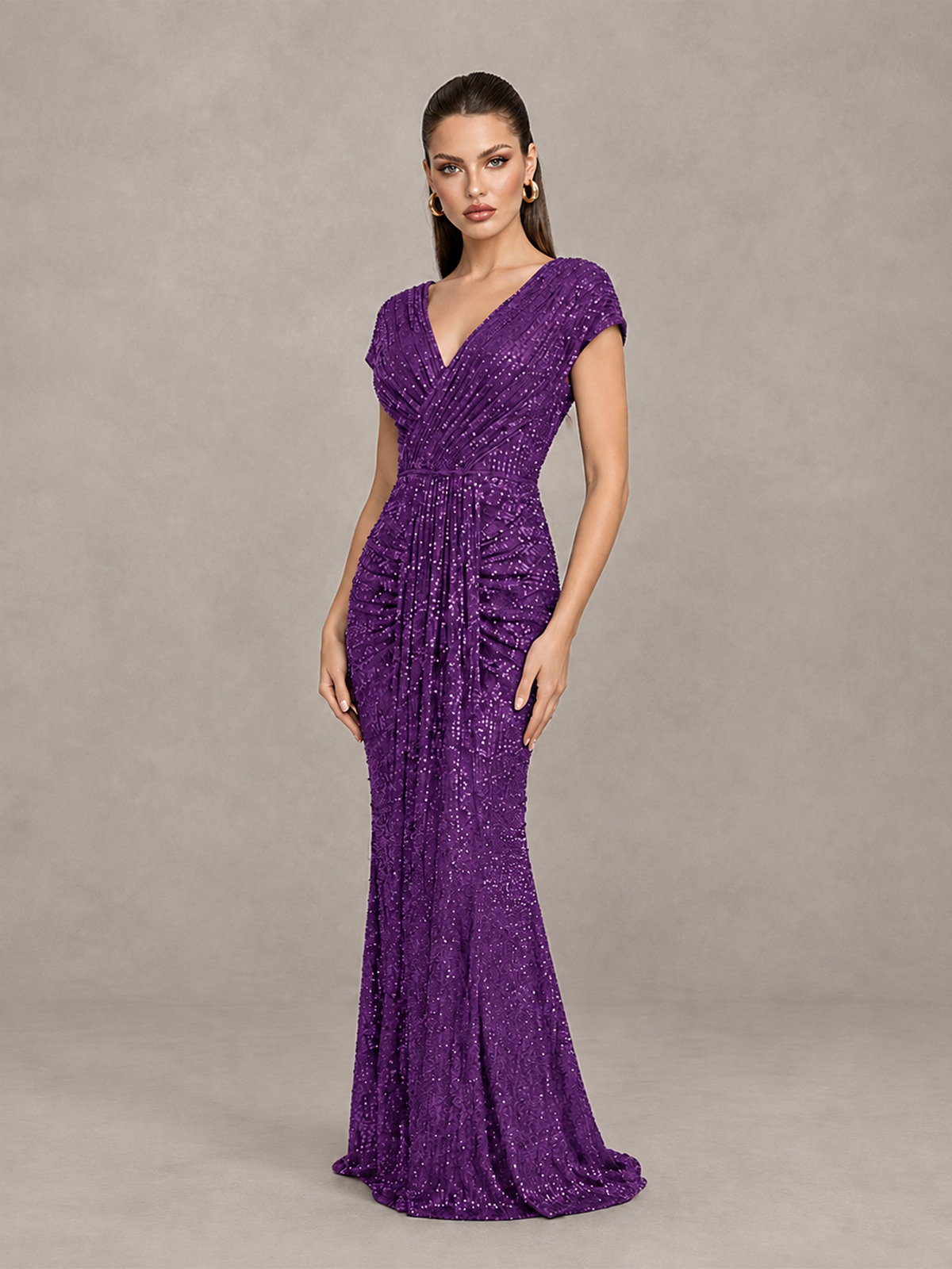 BOLODOO Purple Glitter V-Neck Cap Sleeve Ruched Mermaid Evening Gown - Purple - Purple_3