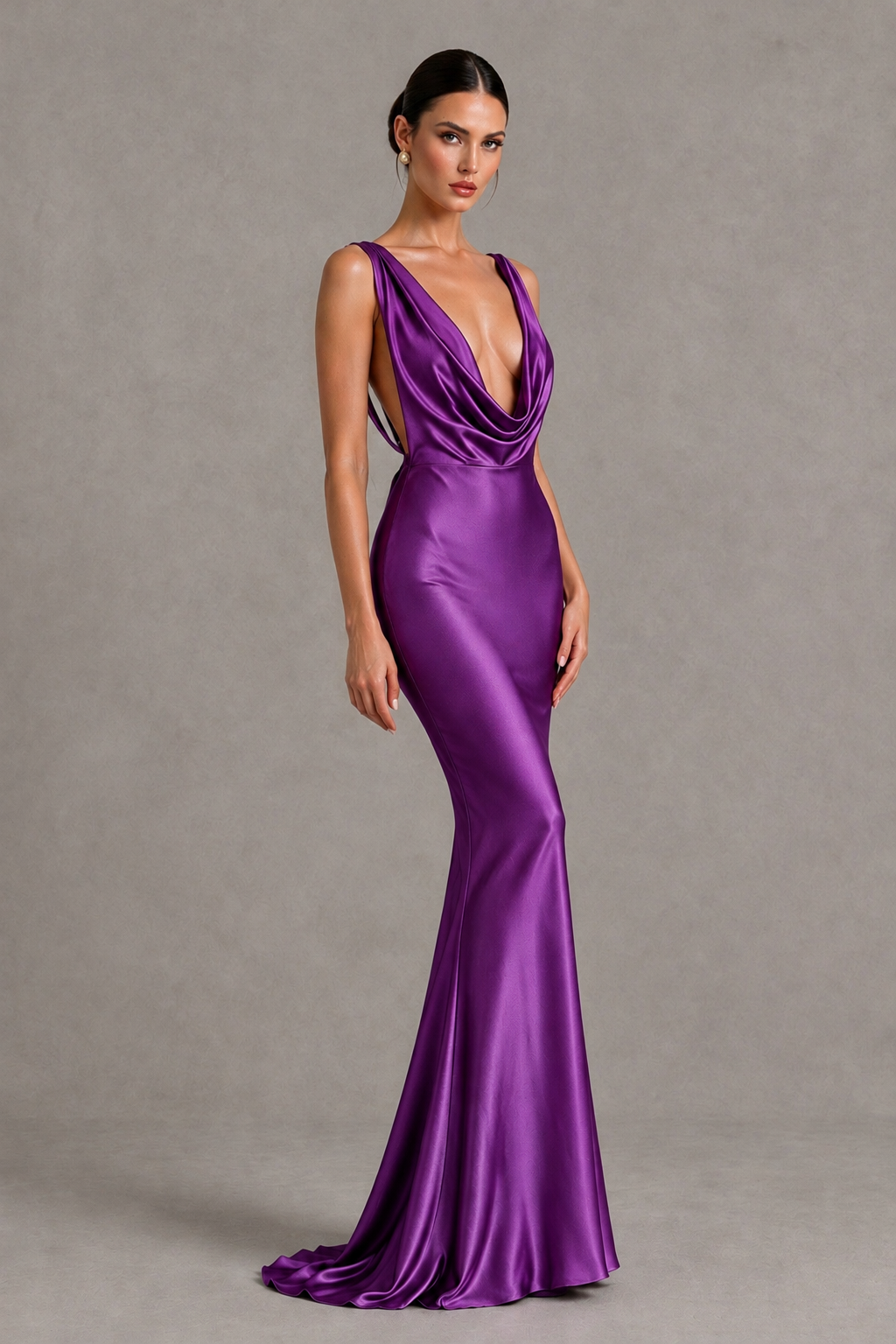 BOLODOO Purple Cowl Neck Backless Satin Mermaid Evening Dress - Purple - Purple_3