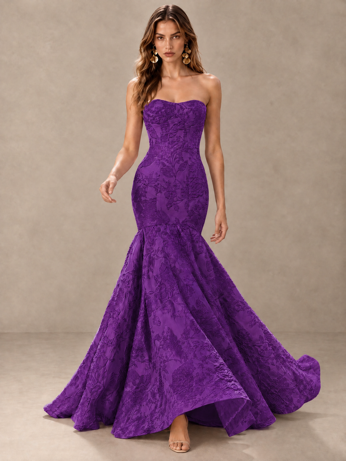 BOLODOO Purple Floral Strapless Mermaid Prom Dress with Train - Purple - Purple_3