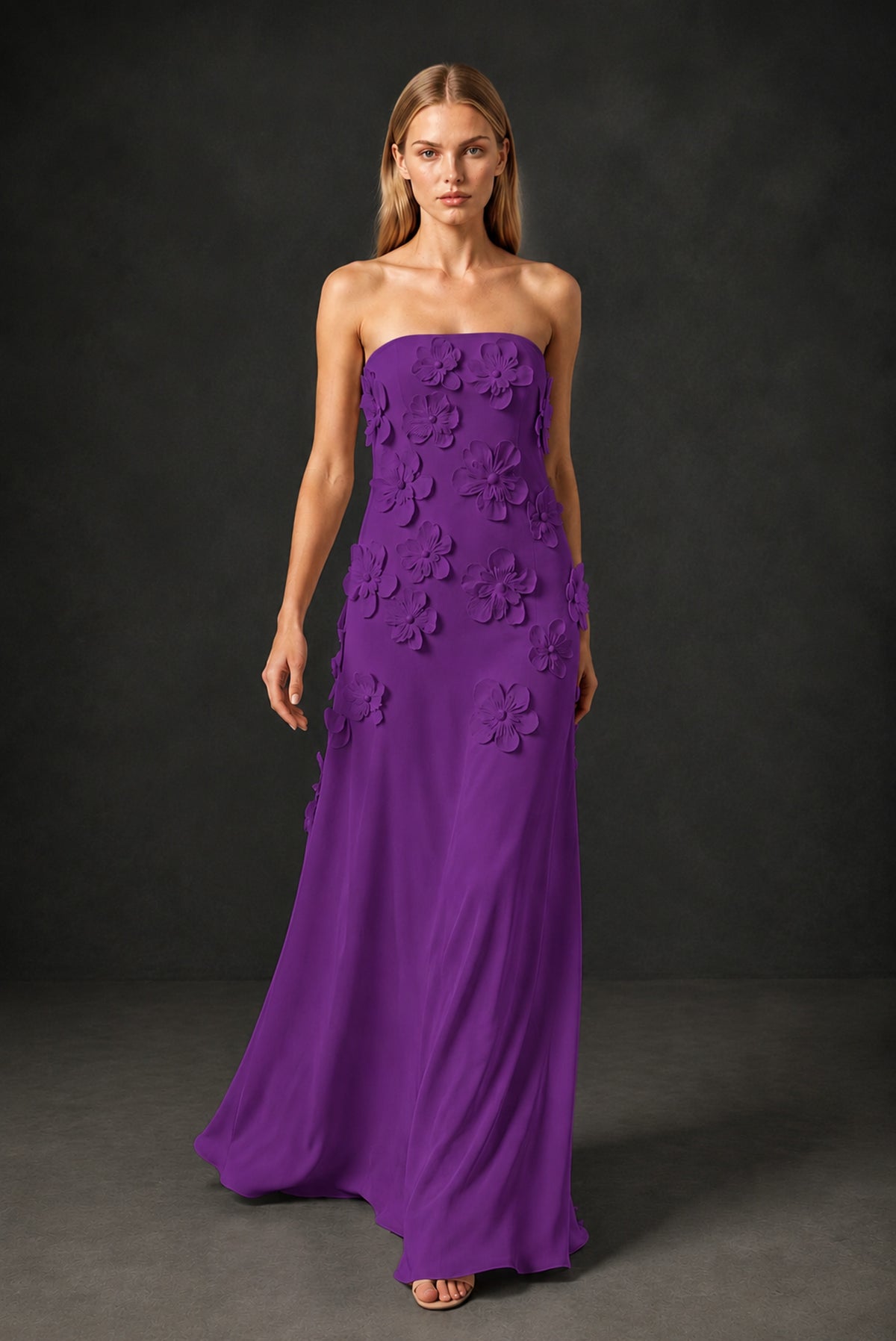 BOLODOO Purple Strapless 3D Floral Appliqué Crepe Maxi Gown - Purple