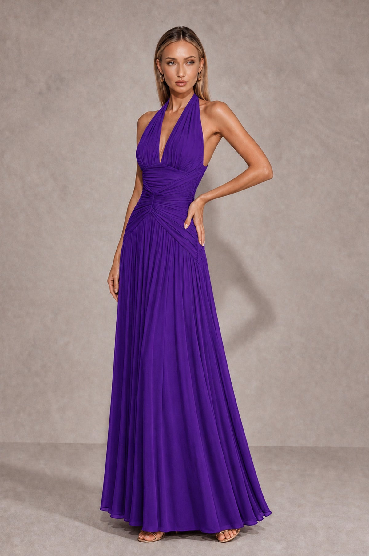 BOLODOO Purple Chiffon Halter Deep V-Neck Ruched A-Line Backless Maxi Dress with Train-BD0167 - Purple - Purple_3