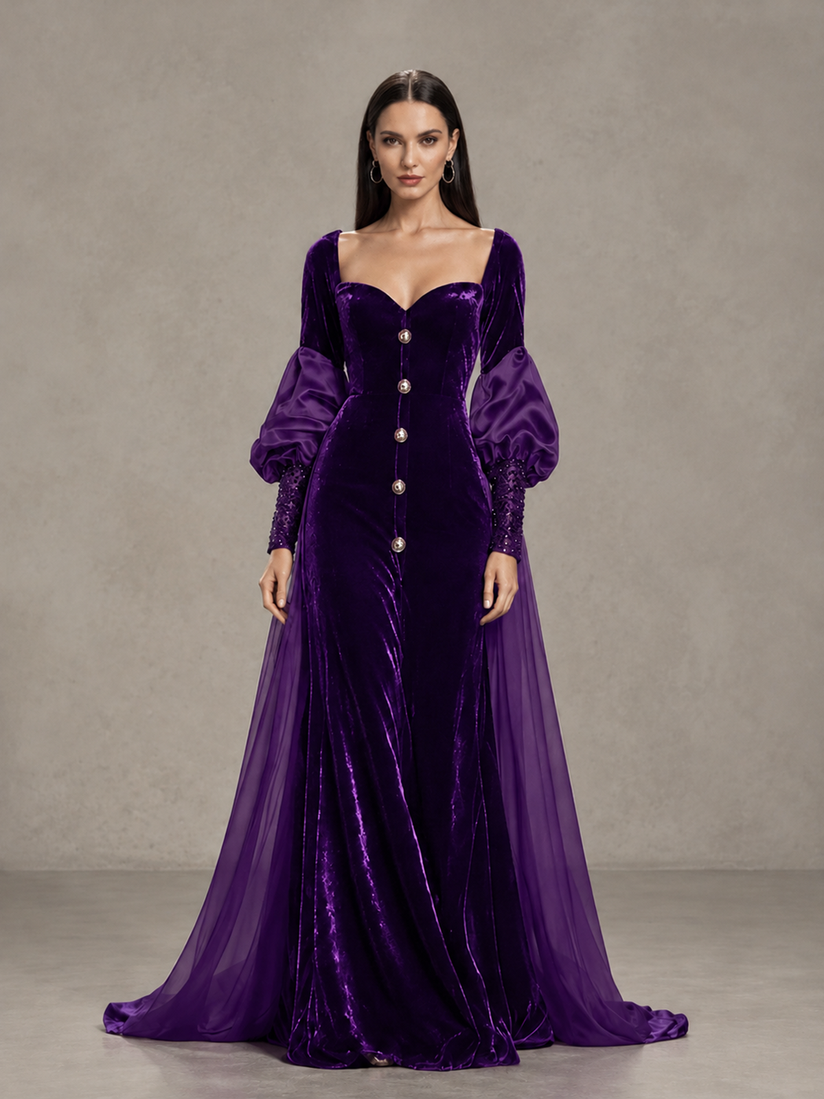 BOLODOO Purple Velvet Long Sleeve Open-Back Evening Gown - Purple - Purple_3