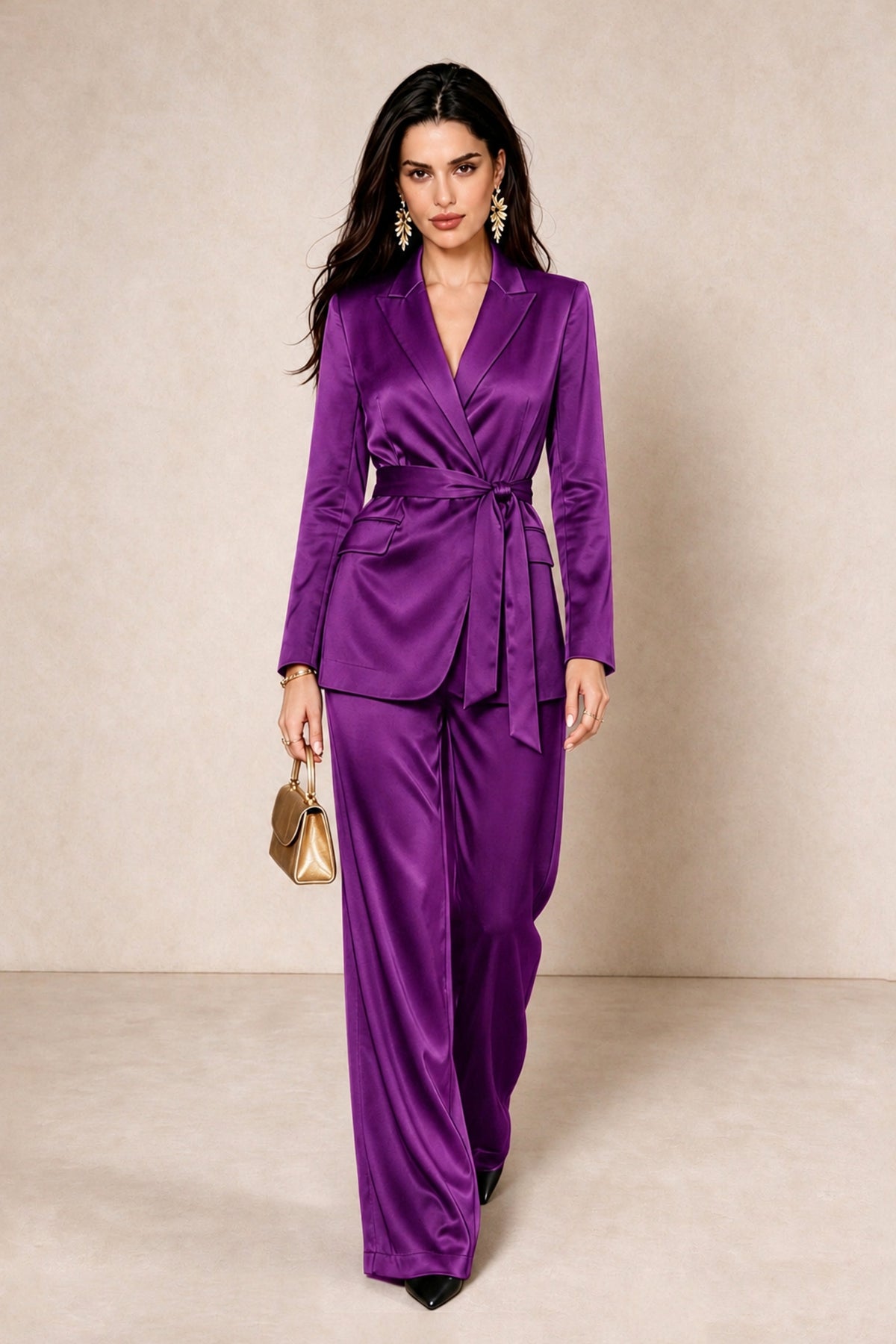 BOLODOO Purple Satin Wrap Blazer Wide-Leg Pants Two-Piece Suit Set – Evening Gala Wedding Guest - Purple - Purple_3