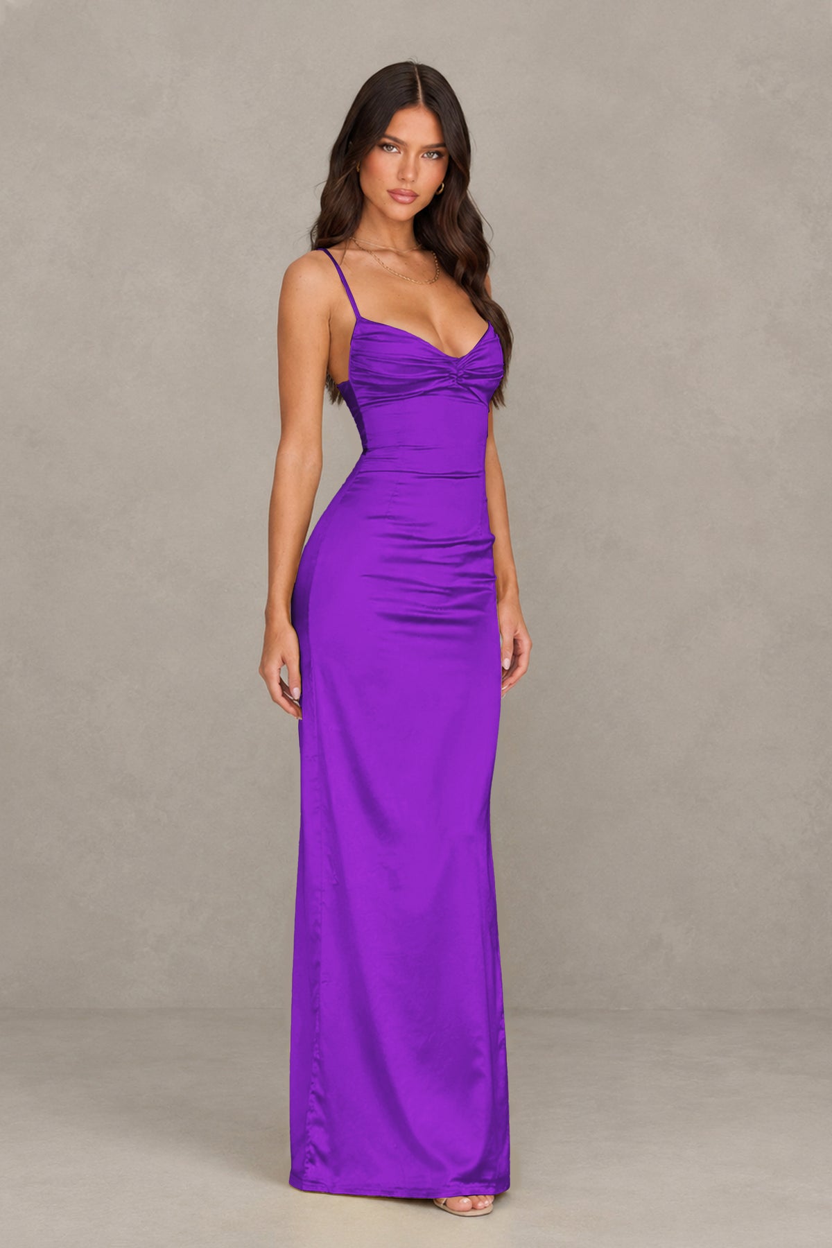 BOLODOO Purple Satin Cowl Neck Open Back Mermaid Maxi Dress with Side Slit - Purple