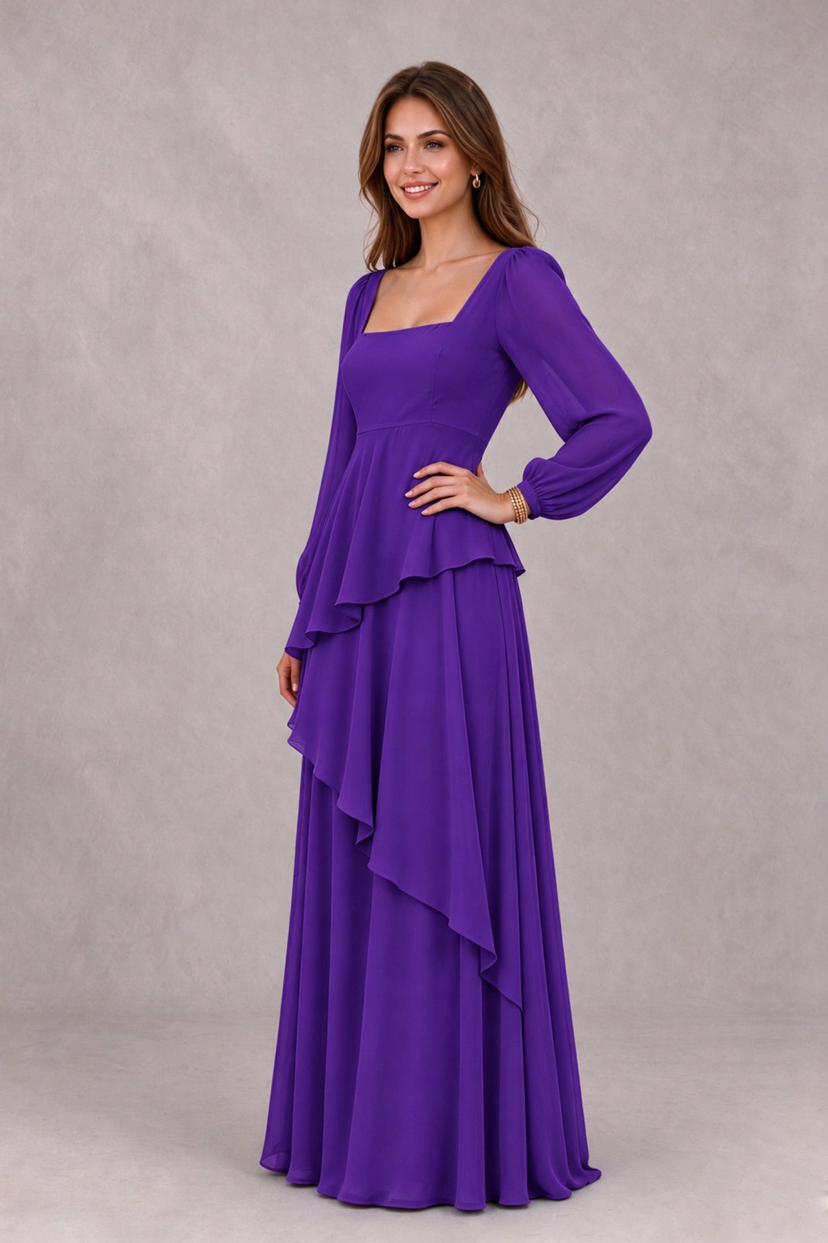 BOLODOO Purple Long Sleeve Ruffle Bridesmaid Dresses - Purple - Purple_3