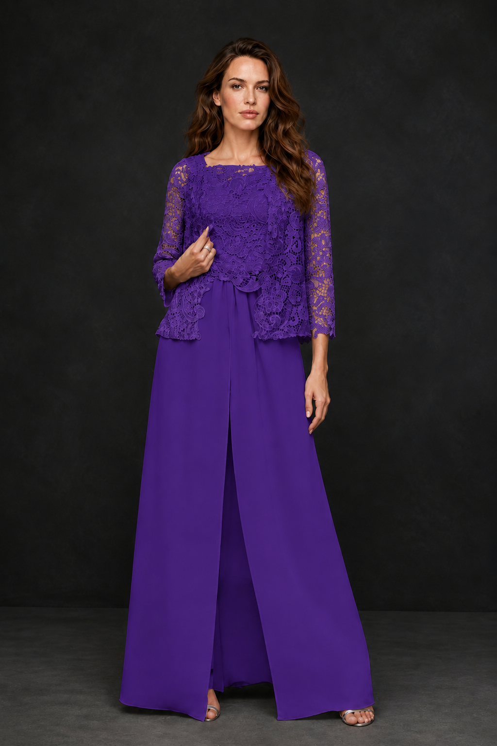 BOLODOO Purple Grey Lace Peplum Top & Wide-Leg Chiffon Pants Set | Mother of the Bride & Formal Evening Outfit - Purple