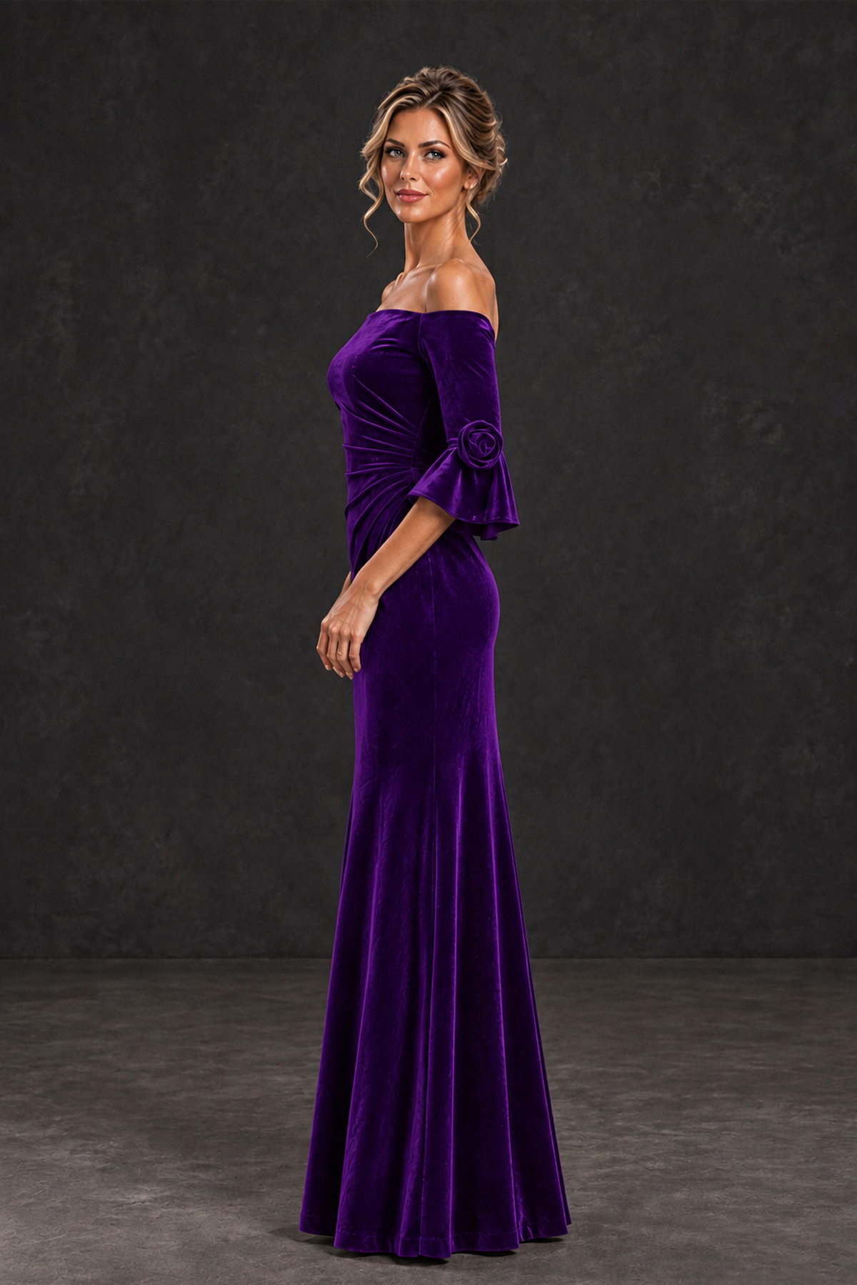 BOLODOO Purple Velvet Off-Shoulder Mother of the Bride Dress – 3/4 Floral Cuff Sleeve Mermaid Evening Gown - Purple - Purple_3