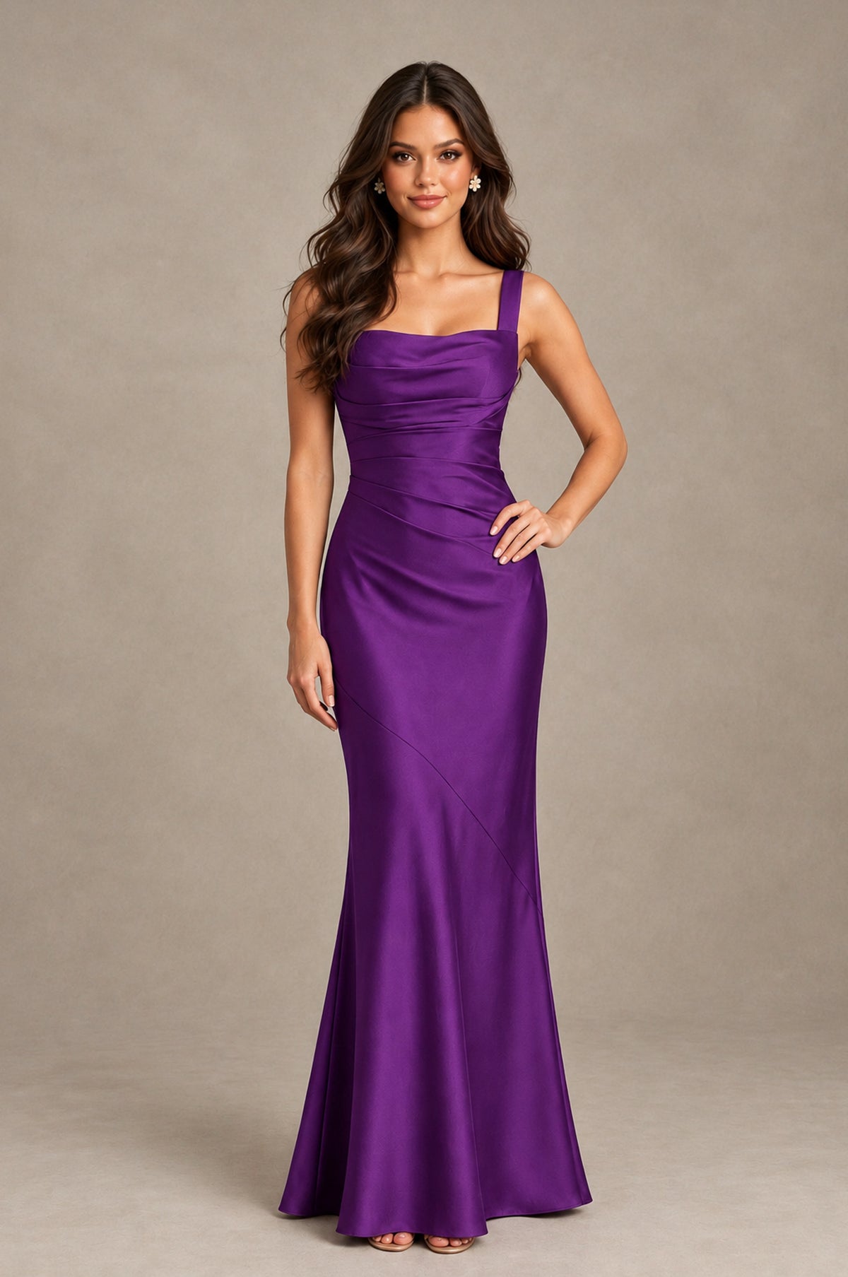 BOLODOO Purple Square Neck Ruched Satin Lace-Up Bridesmaid Dress - Purple - Purple_3