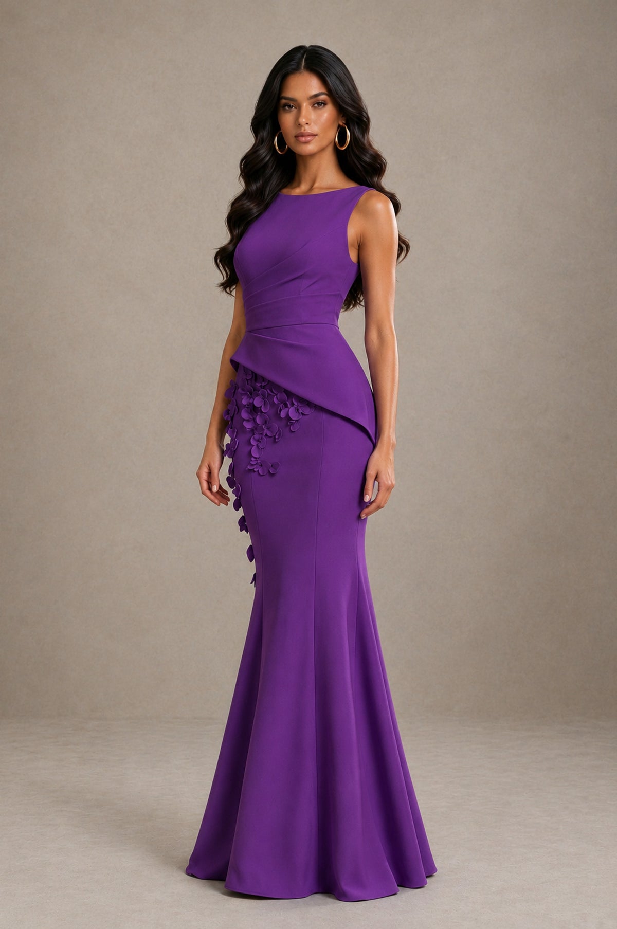 BOLODOO Purple Bateau Neck Sleeveless Asymmetric Peplum 3D Petal Appliqué Mermaid Gown BD0421 - Purple - Purple_3