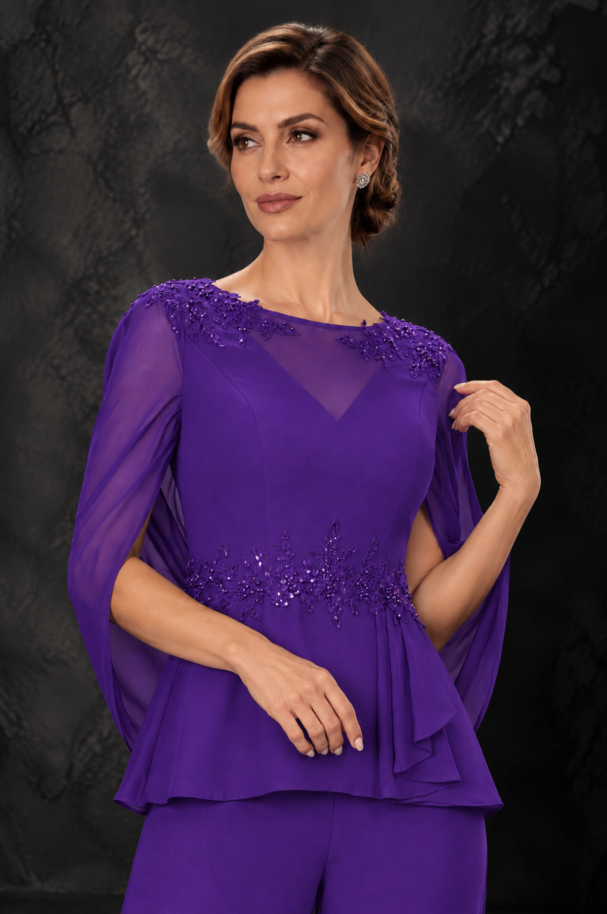 BOLODOO Purple Embellished Cape Sleeve Mother of the Bride Pantsuit - Purple - Purple_3
