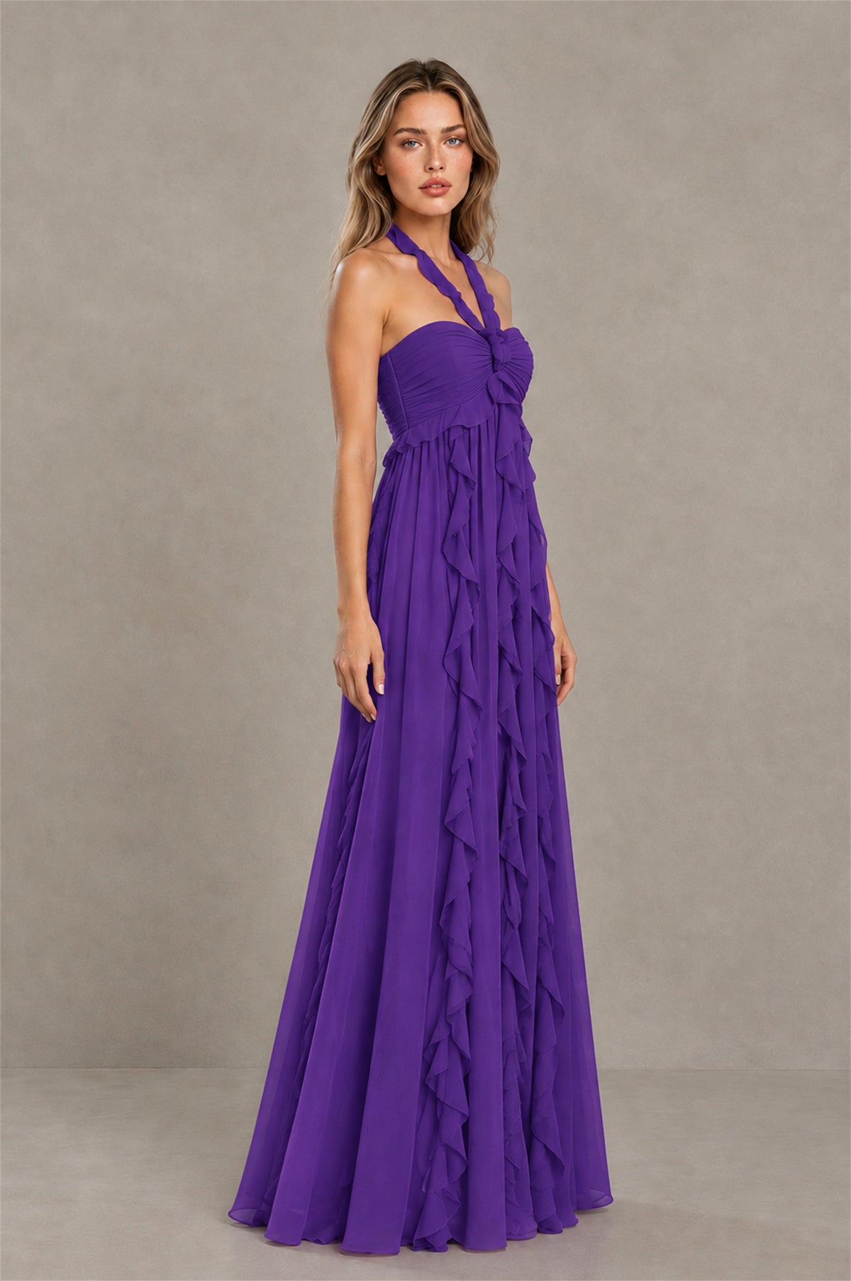 BOLODOO Purple Halter Ruffle A-Line Floor-Length Evening Dress - Purple - Purple_3