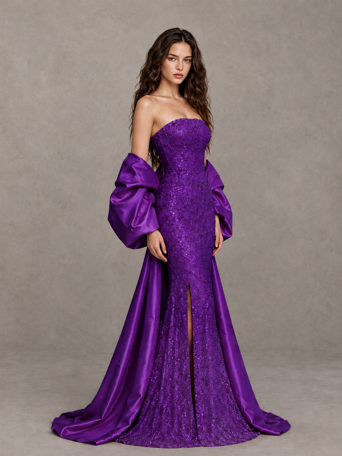 BOLODOO Purple Strapless Sparkle Mermaid Prom Dress with Front Slit and Draped Sleeves - Purple - Purple_3