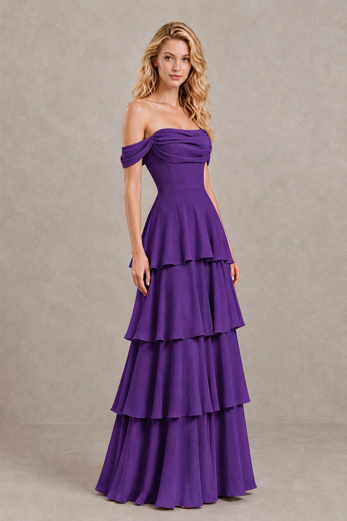 BOLODOO Purple Off-the-Shoulder Tiered A-Line Evening Bridesmaid Dress - Purple - Purple_3