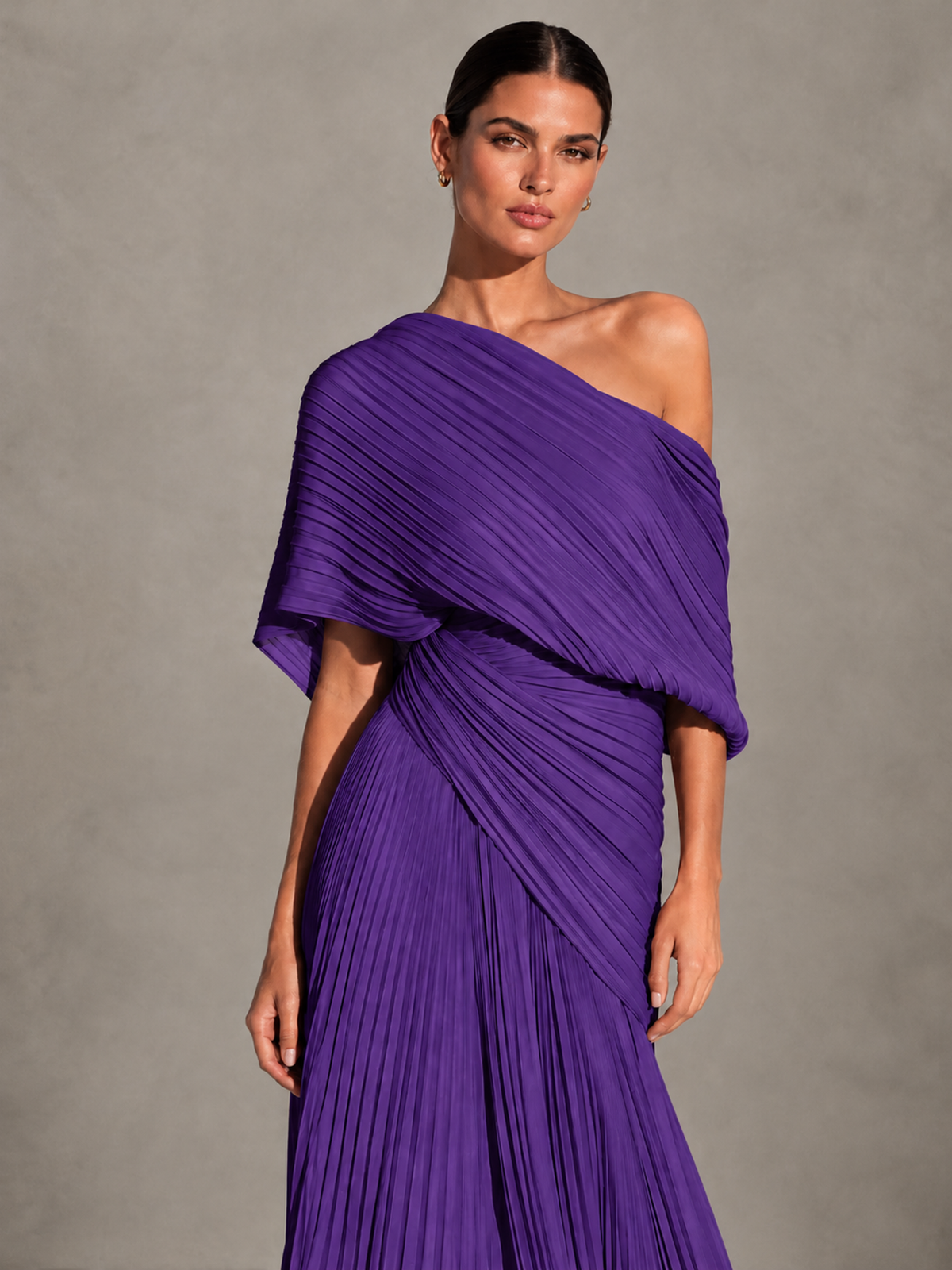 BOLODOO Purple One-Shoulder Pleated Cape Evening Gown with Train - Purple - Purple(3)