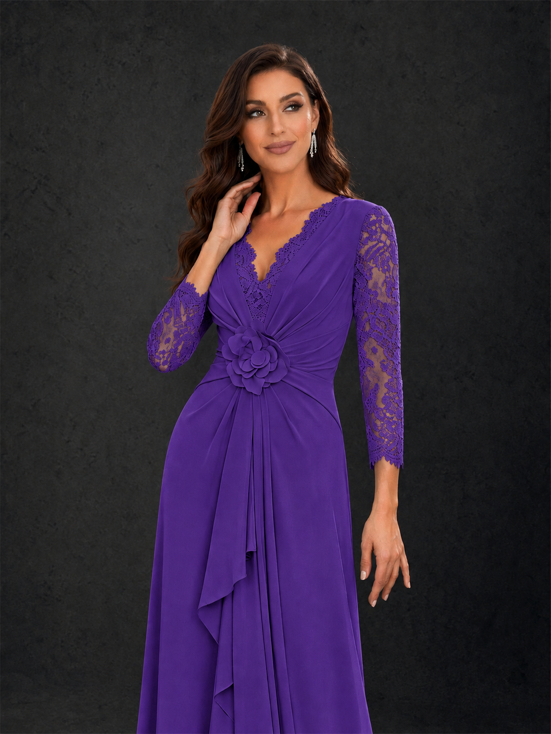 BOLODOO Purple Lace Sleeve V-Neck Floral Waist Chiffon A-Line Maxi Dress - Purple