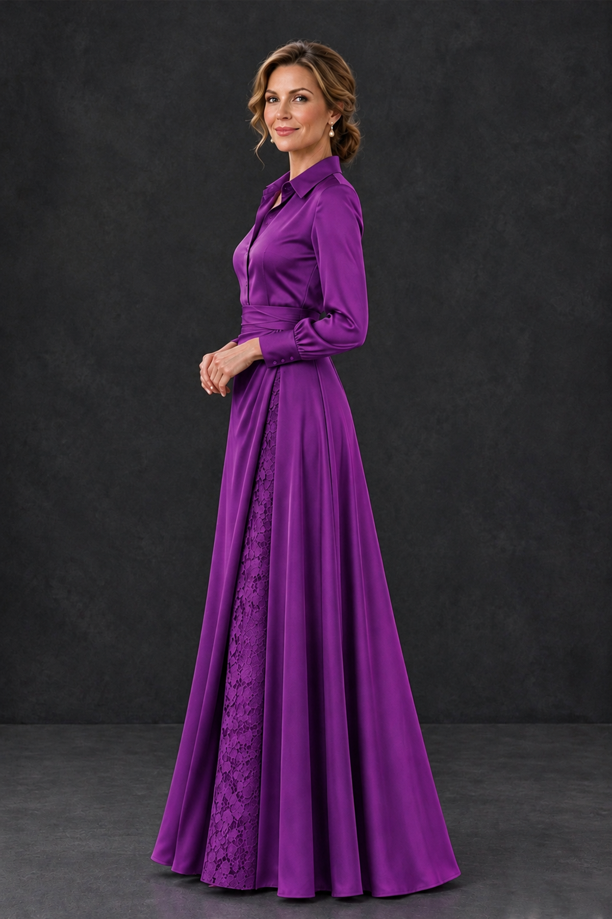 BOLODOO Purple Long Sleeve Satin-Look Lace Panel Gown - Purple - Purple_3