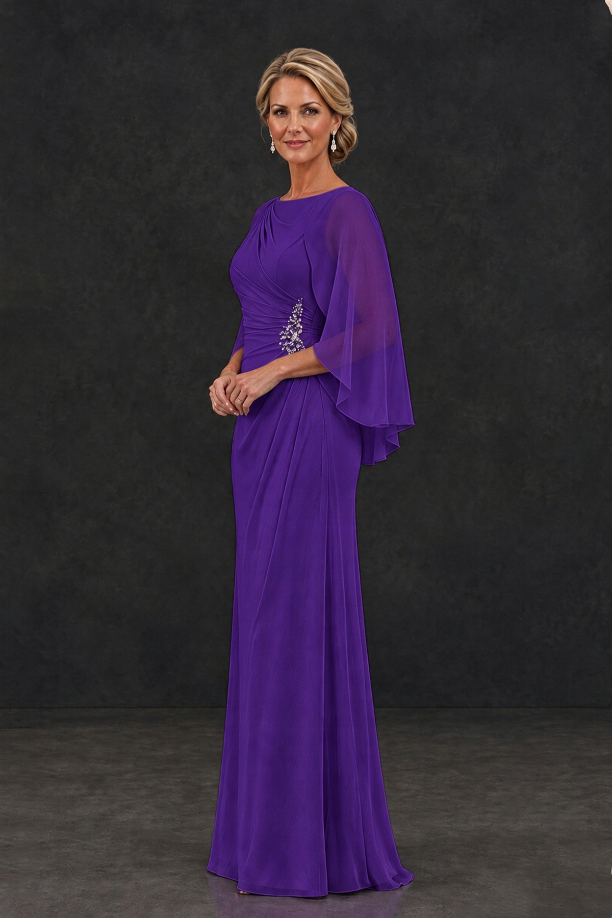 BOLODOO Purple Cape Sleeve Mother of the Bride Dress with Ruched Waist - Purple - Purple_3