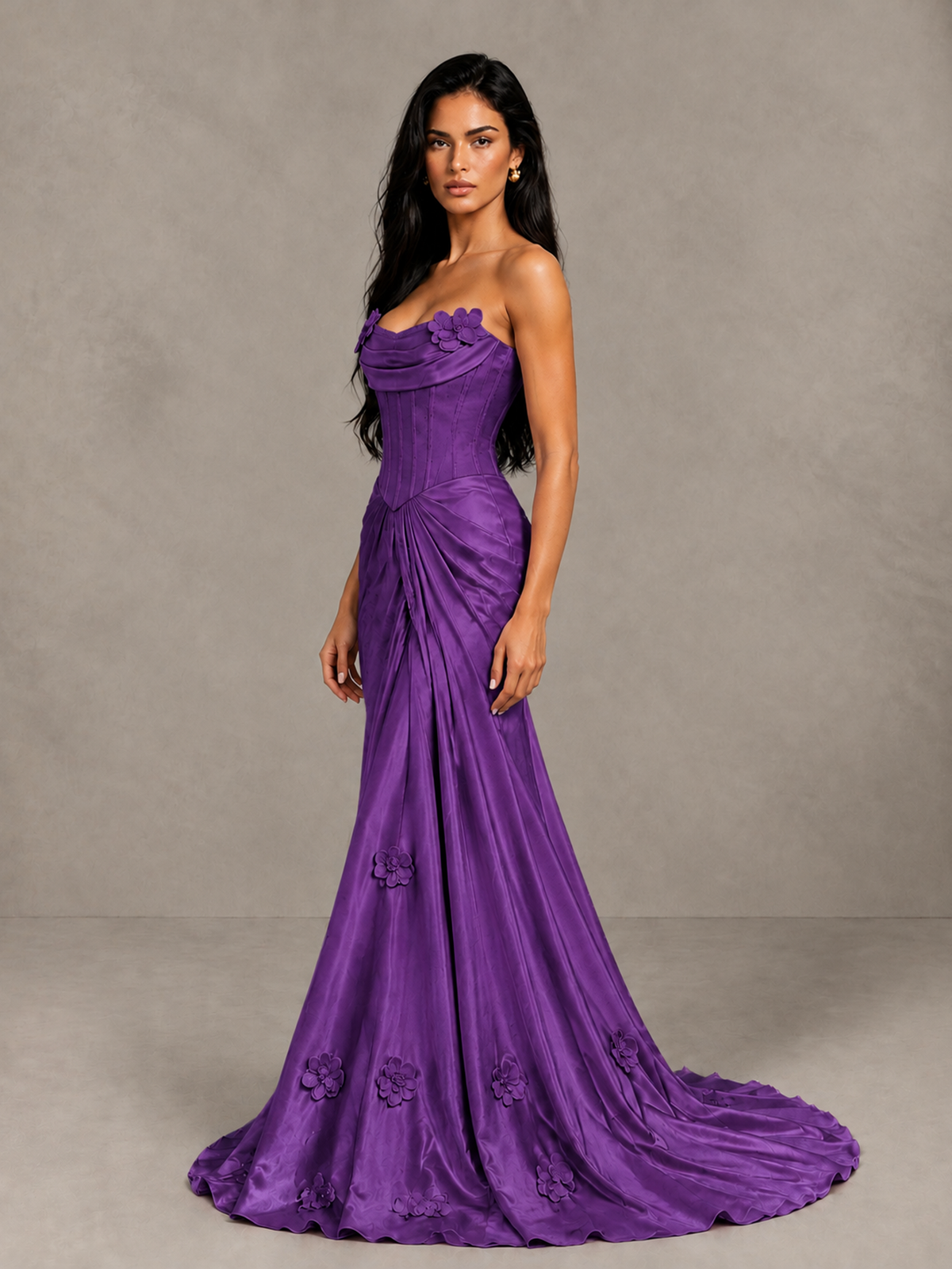 BOLODOO Purple Strapless Floral Corset Evening Gown with Train - Purple - Purple_3