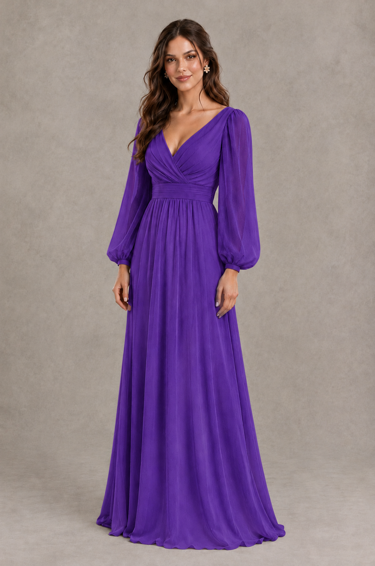 BOLODOO Purple Long Sleeve V-Neck A-Line Bridesmaid Dress - Purple - Purple_3
