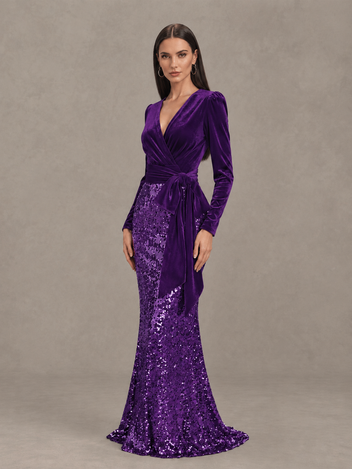 BOLODOO Purple Velvet & Sequin Long Sleeve V-Neck Mermaid Evening Gown - Purple - Purple_3